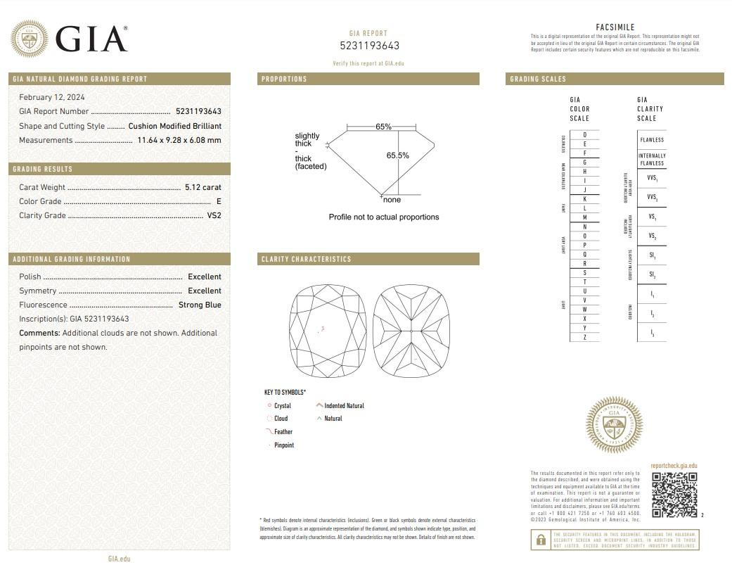 Cushion 5,12 ct Idealschliff Naturdiamant - GIA zertifiziert 

Entdecken Sie den Inbegriff zeitloser Eleganz mit diesem außergewöhnlichen Diamanten im Kissenschliff von 5,12 cm, einem Symbol für unvergleichlichen Luxus und Raffinesse. Ein