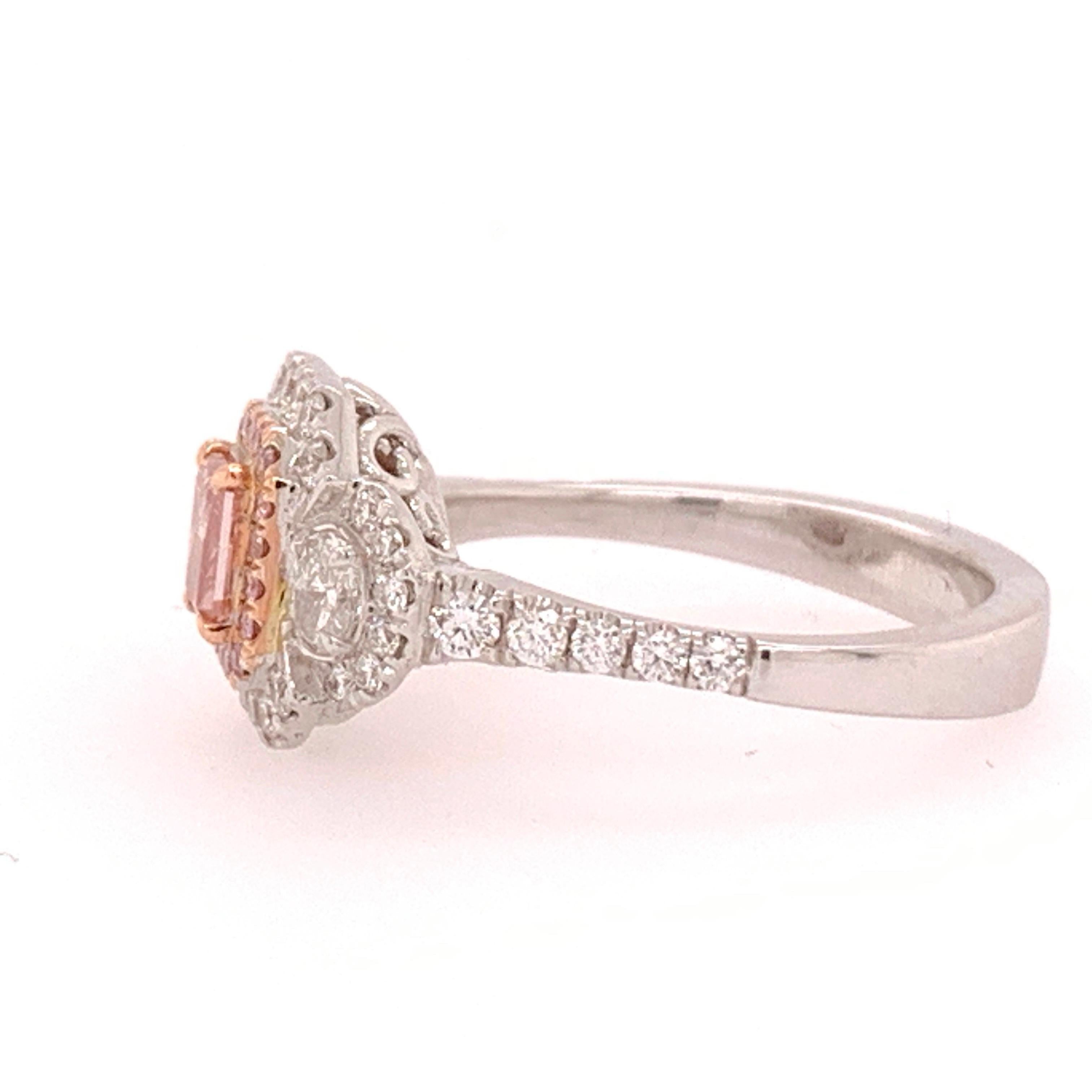 Radiant Cut 0.40 Carat GIA Natural Fancy Orangy Pink Diamond Cocktail Ring In Excellent Condition In Los Angeles, CA