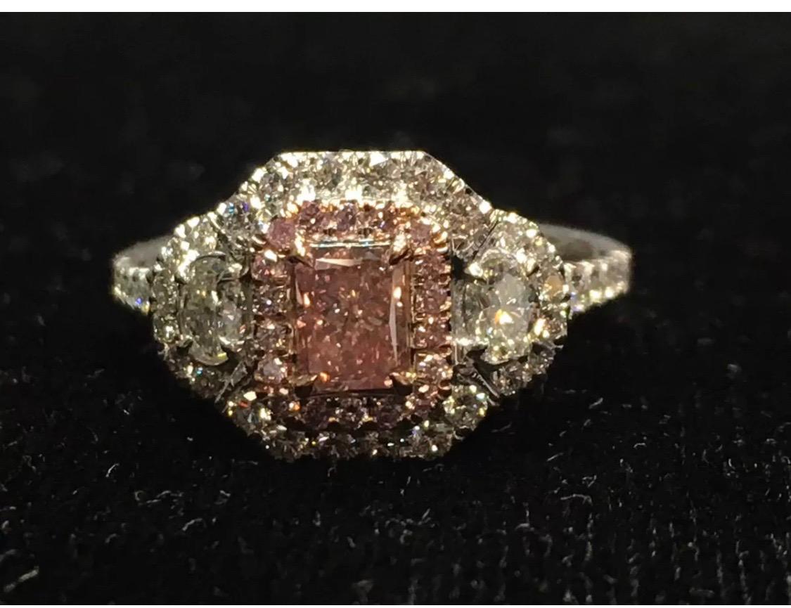 Radiant Cut 0.40 Carat GIA Natural Fancy Orangy Pink Diamond Cocktail Ring 1