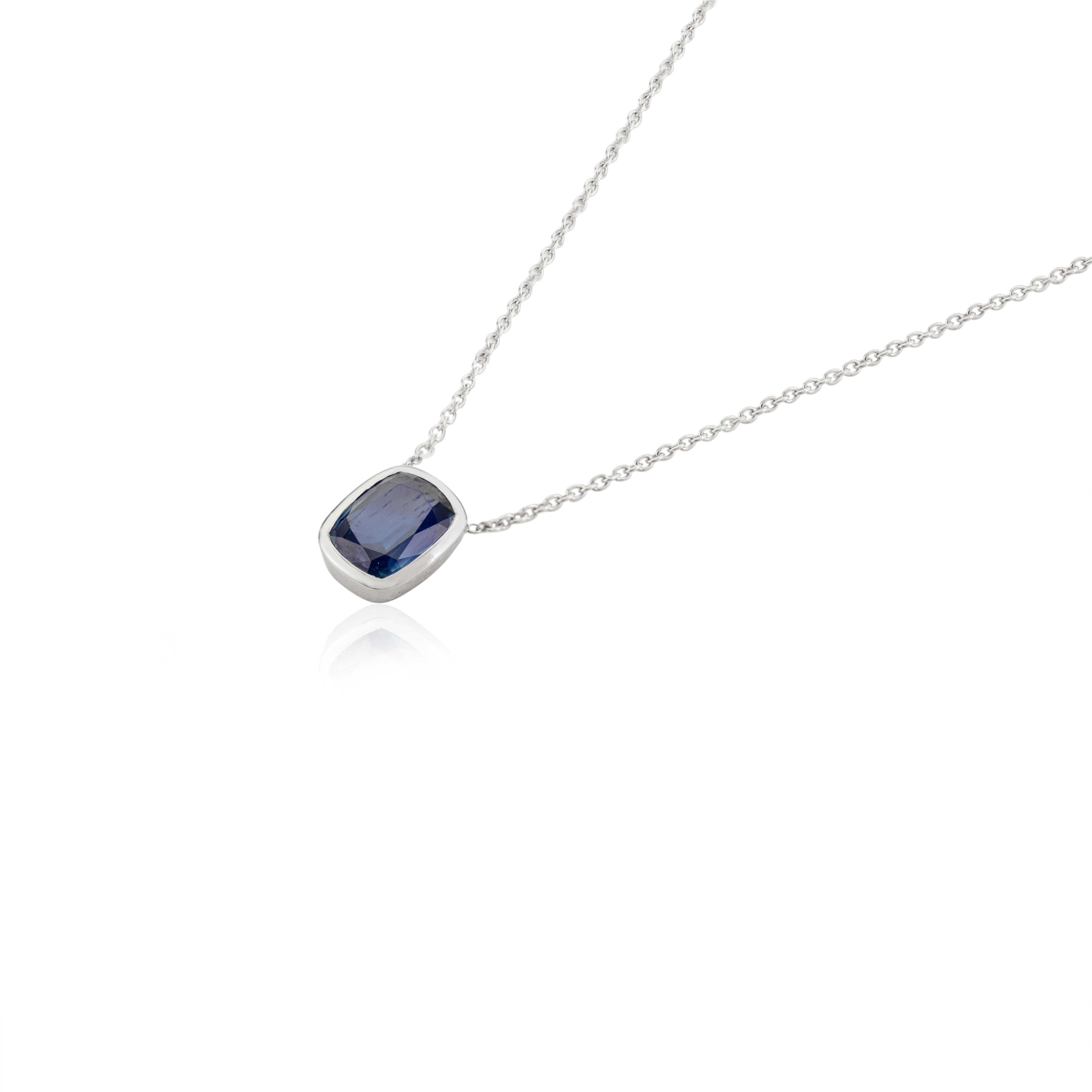 Radiant Cut 2.25 Carats Blue Sapphire Pendant Necklace in 14K Solid White Gold studded with radiant cut blue sapphire of 2.25 carats. This stunning piece of jewelry instantly elevates a casual look or dressy outfit. 
Sapphire stimulate concentration