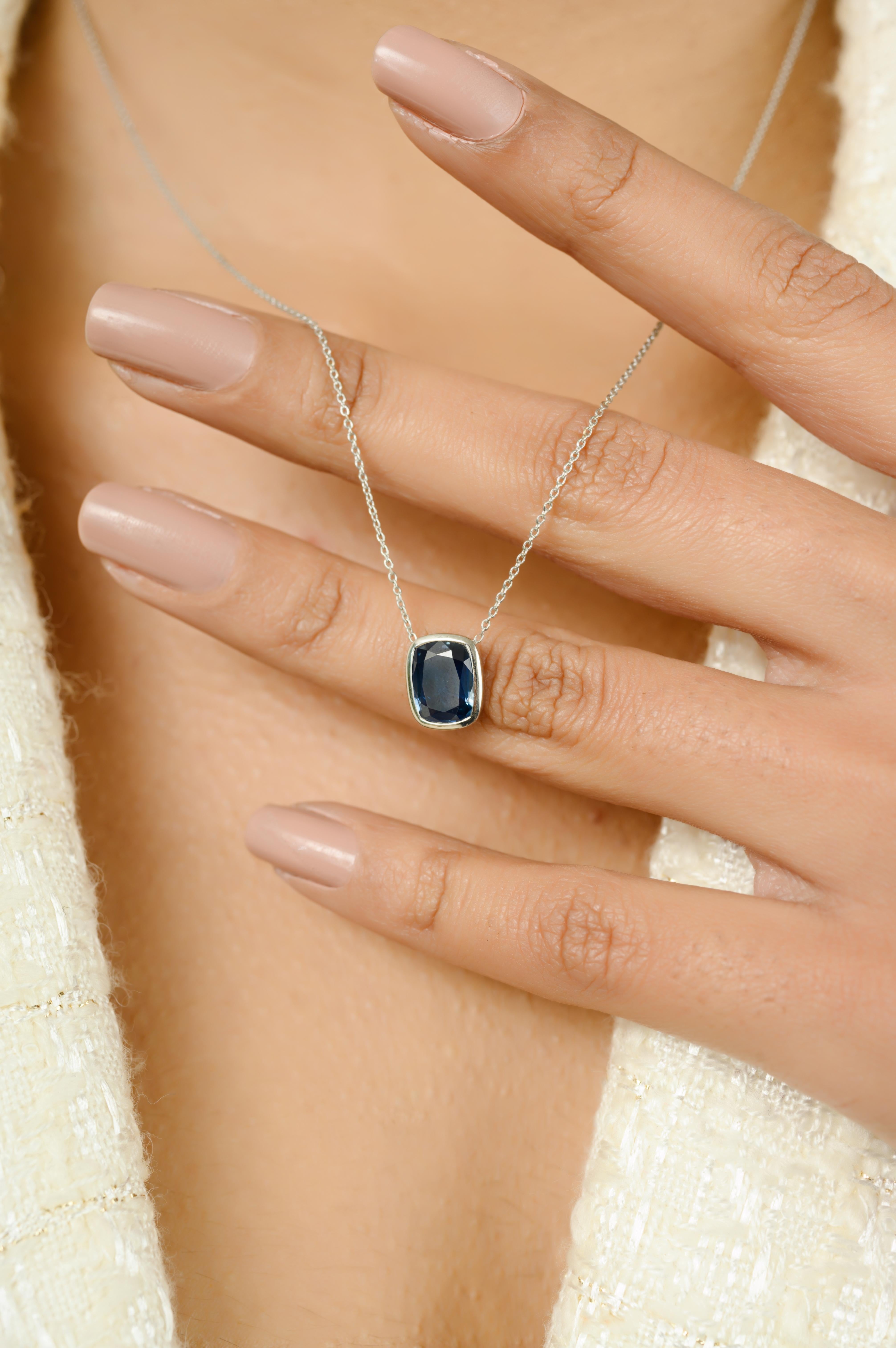Modernist Radiant Cut 2.25 Carats Blue Sapphire Pendant Necklace in 14K Solid White Gold For Sale