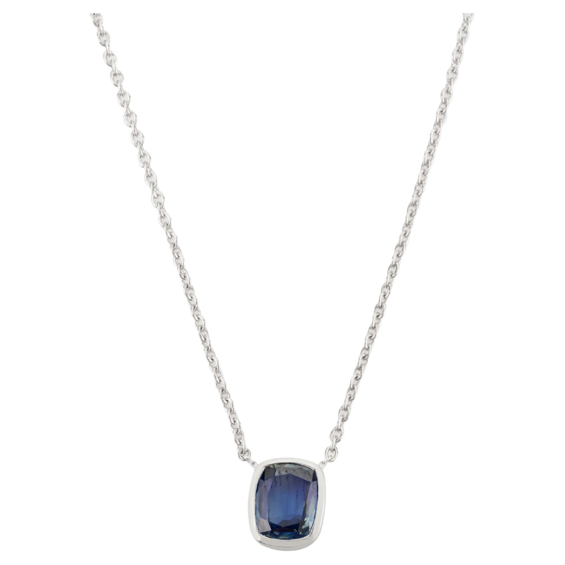 Radiant Cut 2.25 Carats Blue Sapphire Pendant Necklace in 14K Solid White Gold