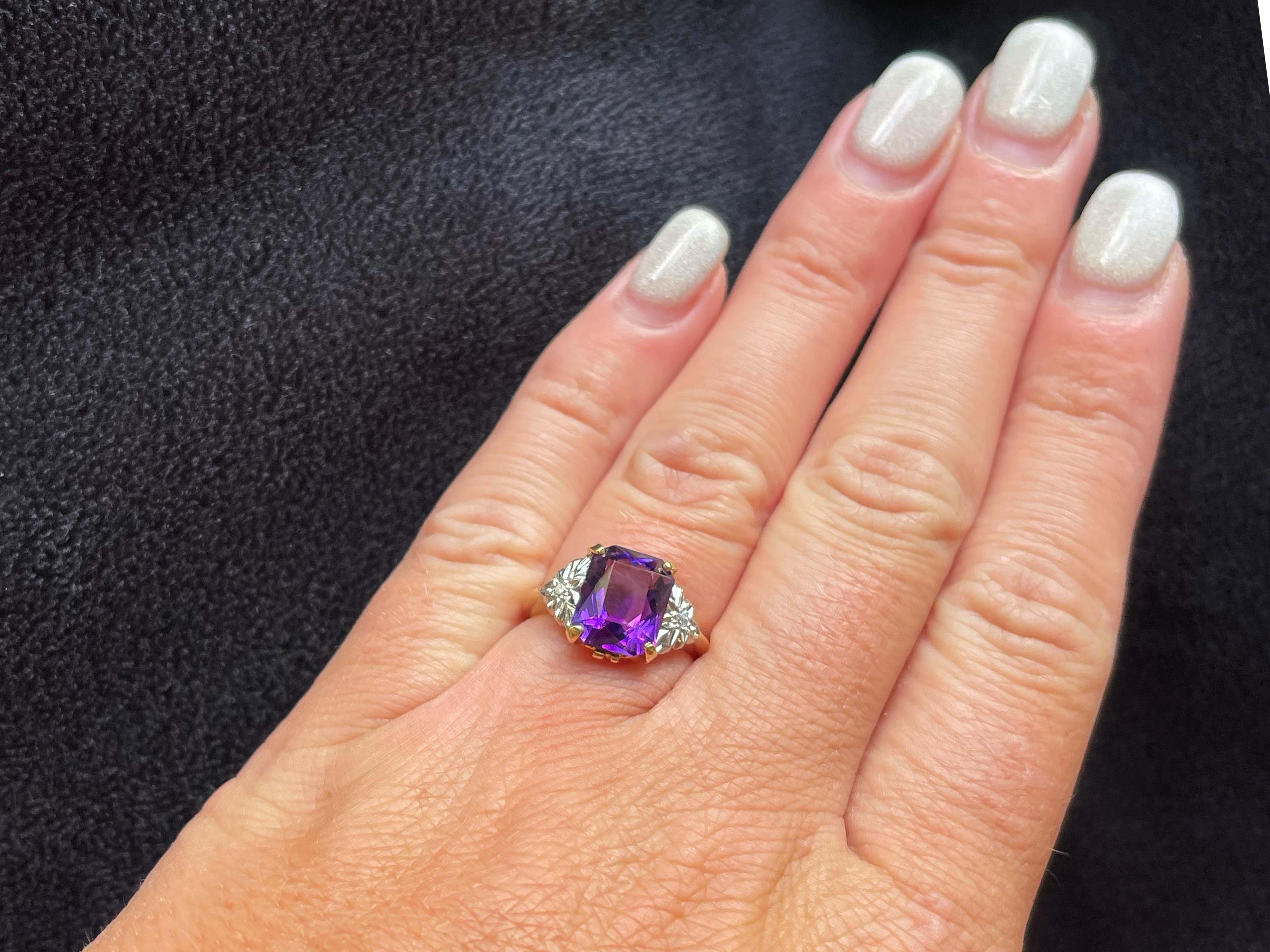 Ring Specifications:

Metal: 14k Yellow and White Gold

Total Weight: 3.3 Grams

Diamond Count: 2 single cut diamonds
​
Diamond Clarity: VS
​
​Diamond Color: G
​
​Diamond Carat Weight: 0.02 carats
​
Gemstone: 1 purple radiant cut amethyst 

​Ring