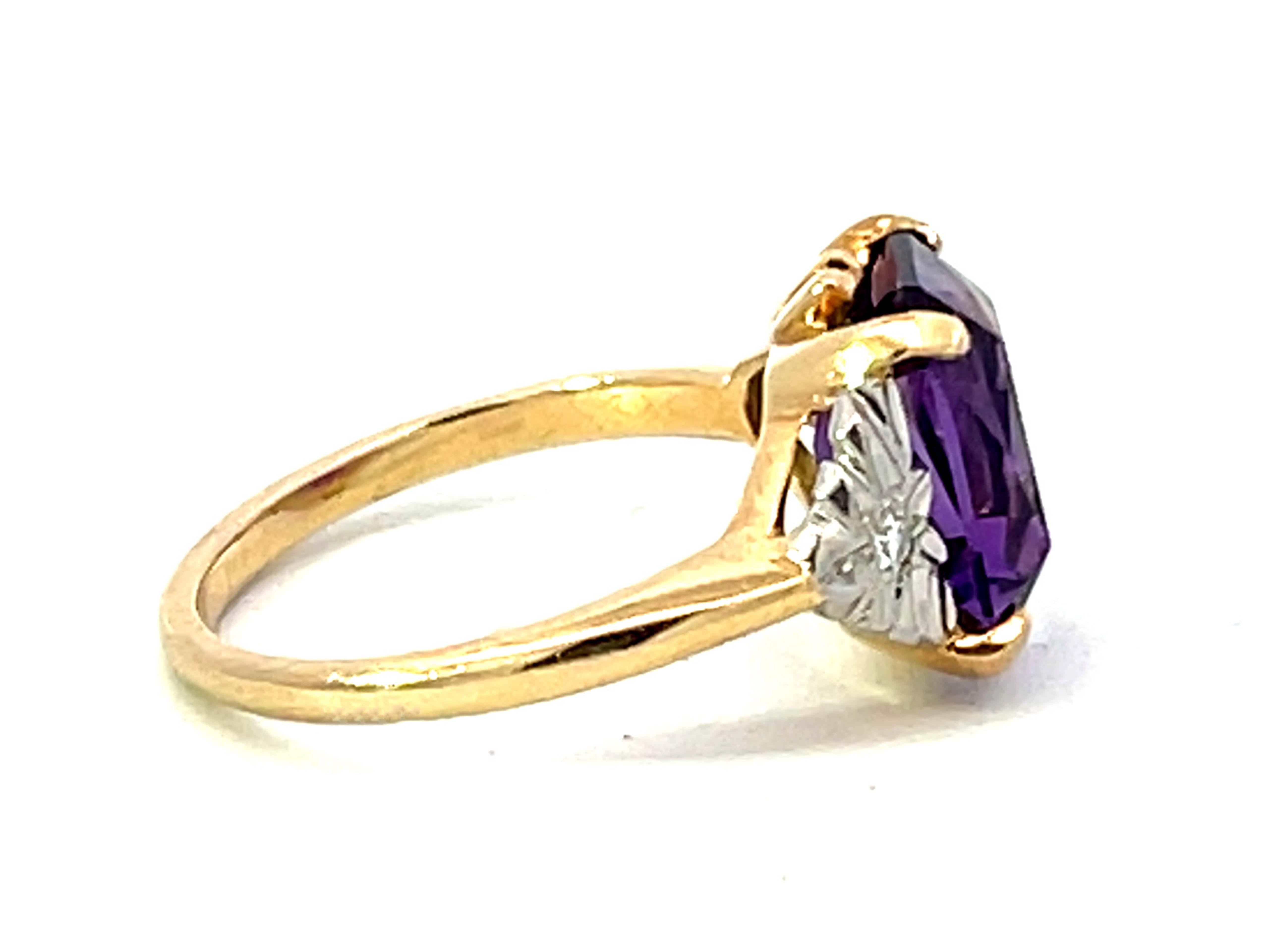 Modern Radiant Cut Amethyst and Diamond Two Toned Ring in 14k Yellow and White Gold For Sale
