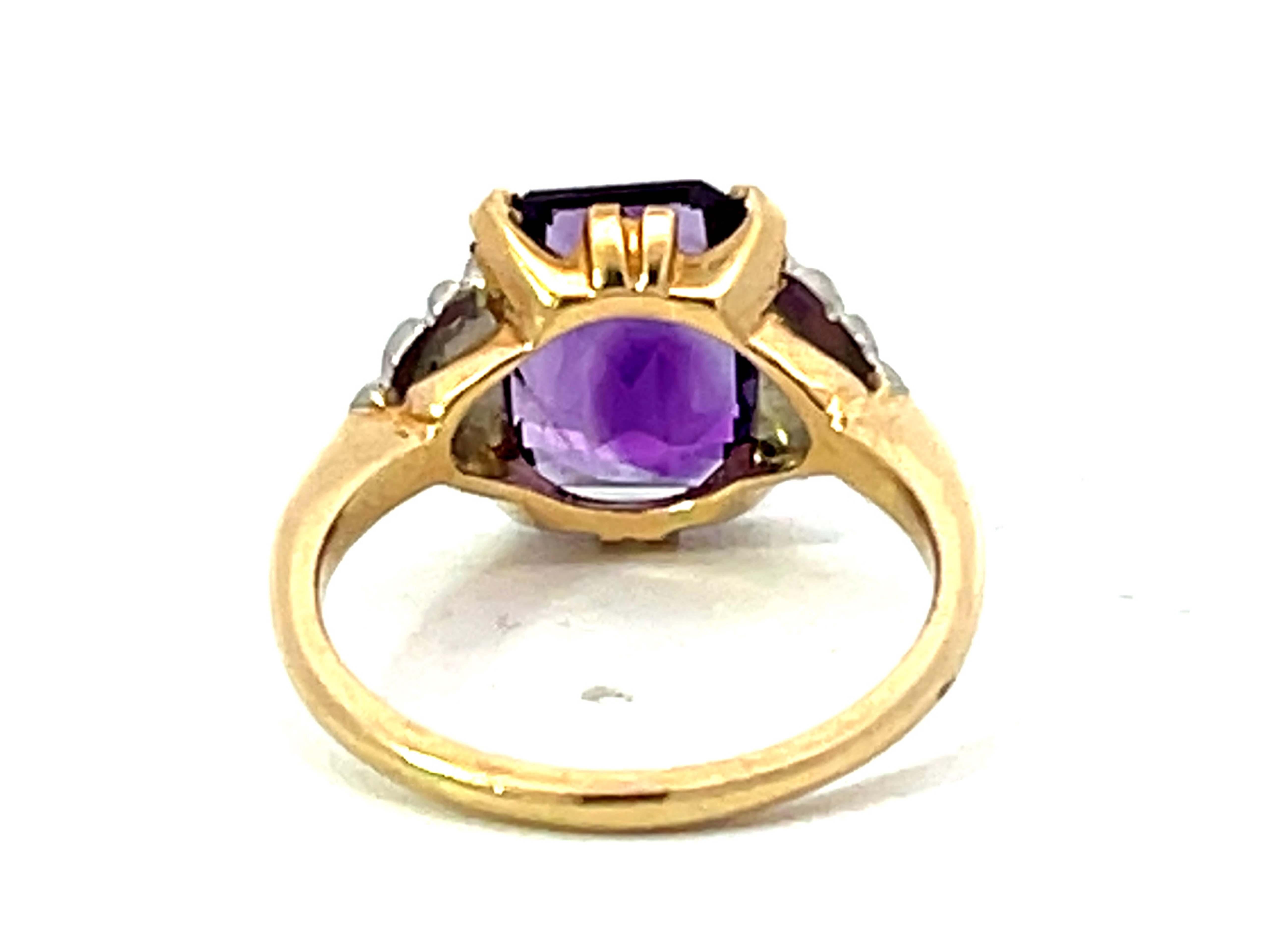 Women's Radiant Cut Amethyst and Diamond Two Toned Ring in 14k Yellow and White Gold For Sale