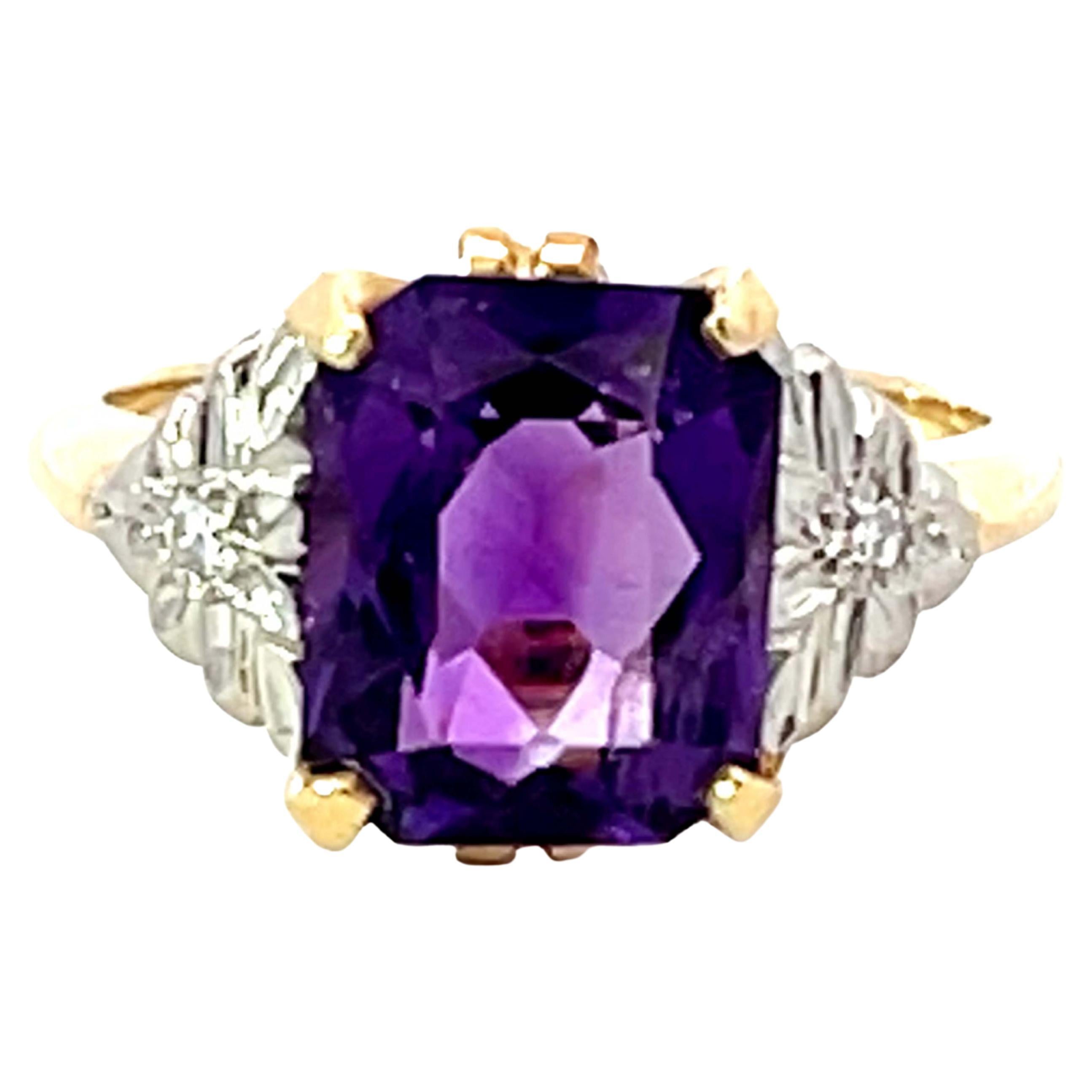 Radiant Cut Amethyst and Diamond Two Toned Ring in 14k Yellow and White Gold