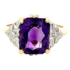 Vintage Radiant Cut Amethyst and Diamond Two Toned Ring in 14k Yellow and White Gold