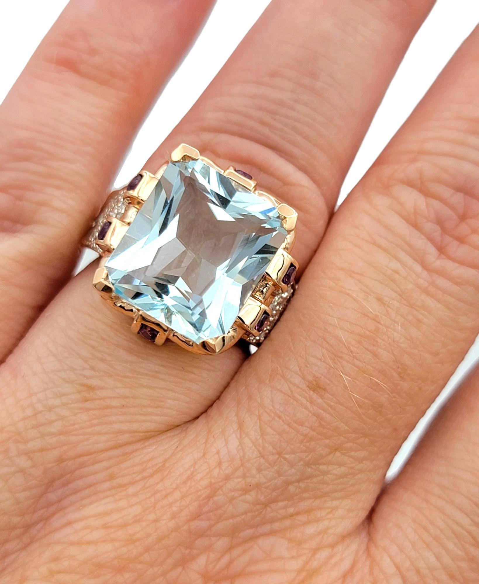 Radiant Cut Aquamarine Ring with Pink Sapphires & Diamonds in 14 Karat Rose Gold For Sale 5