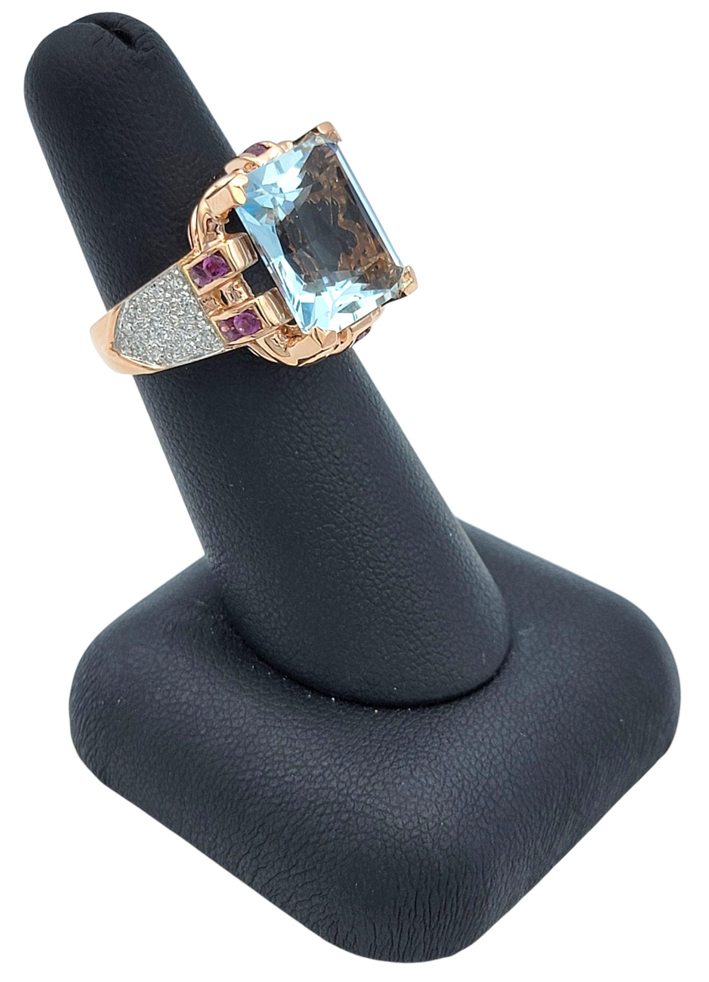 Radiant Cut Aquamarine Ring with Pink Sapphires & Diamonds in 14 Karat Rose Gold For Sale 7