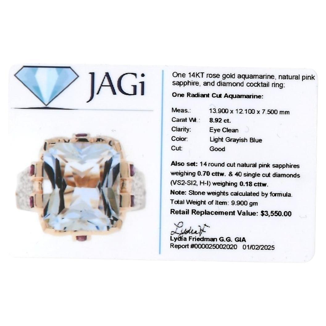 Radiant Cut Aquamarine Ring with Pink Sapphires & Diamonds in 14 Karat Rose Gold For Sale 8
