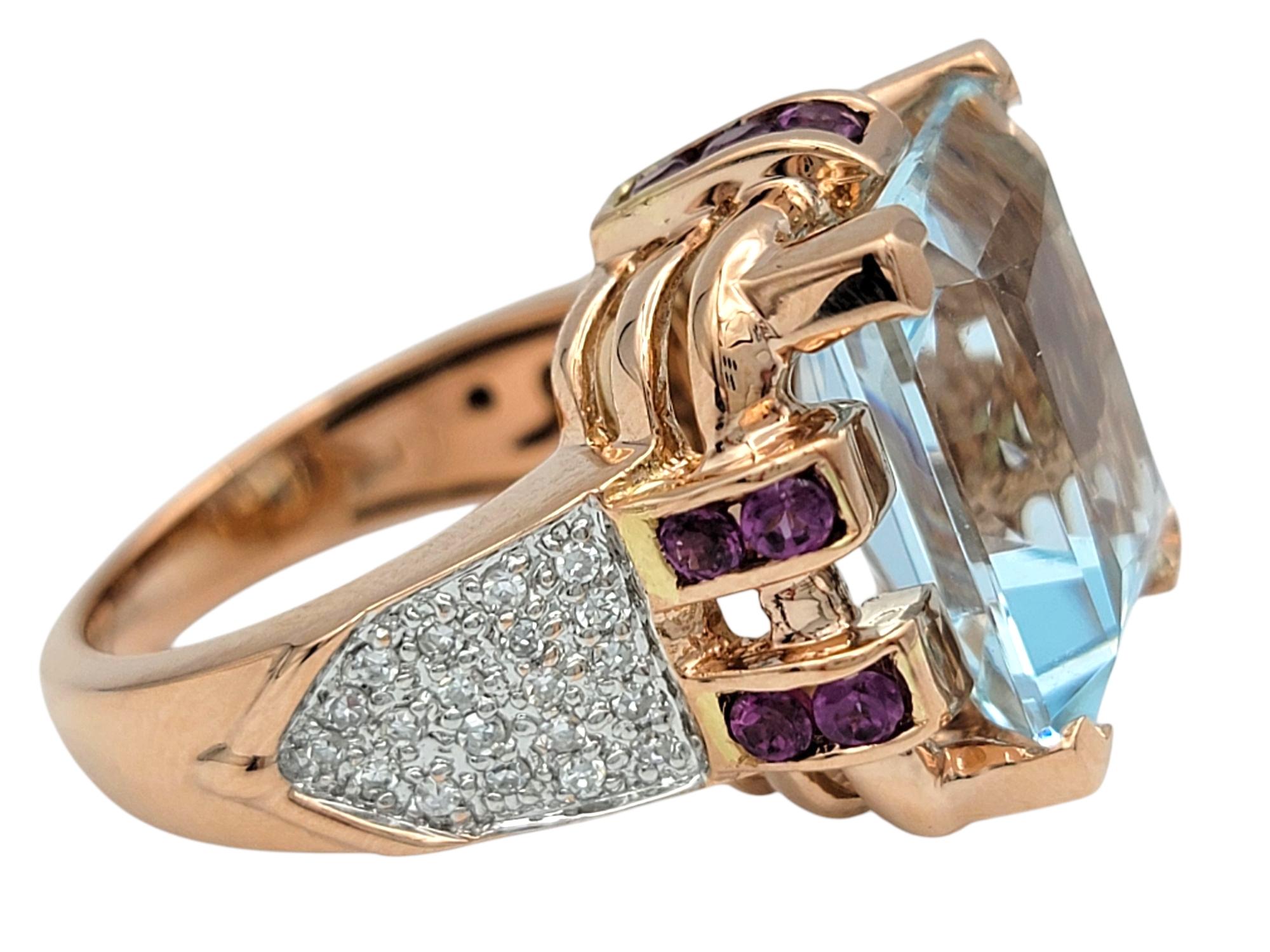 Radiant Cut Aquamarine Ring with Pink Sapphires & Diamonds in 14 Karat Rose Gold In Good Condition For Sale In Scottsdale, AZ