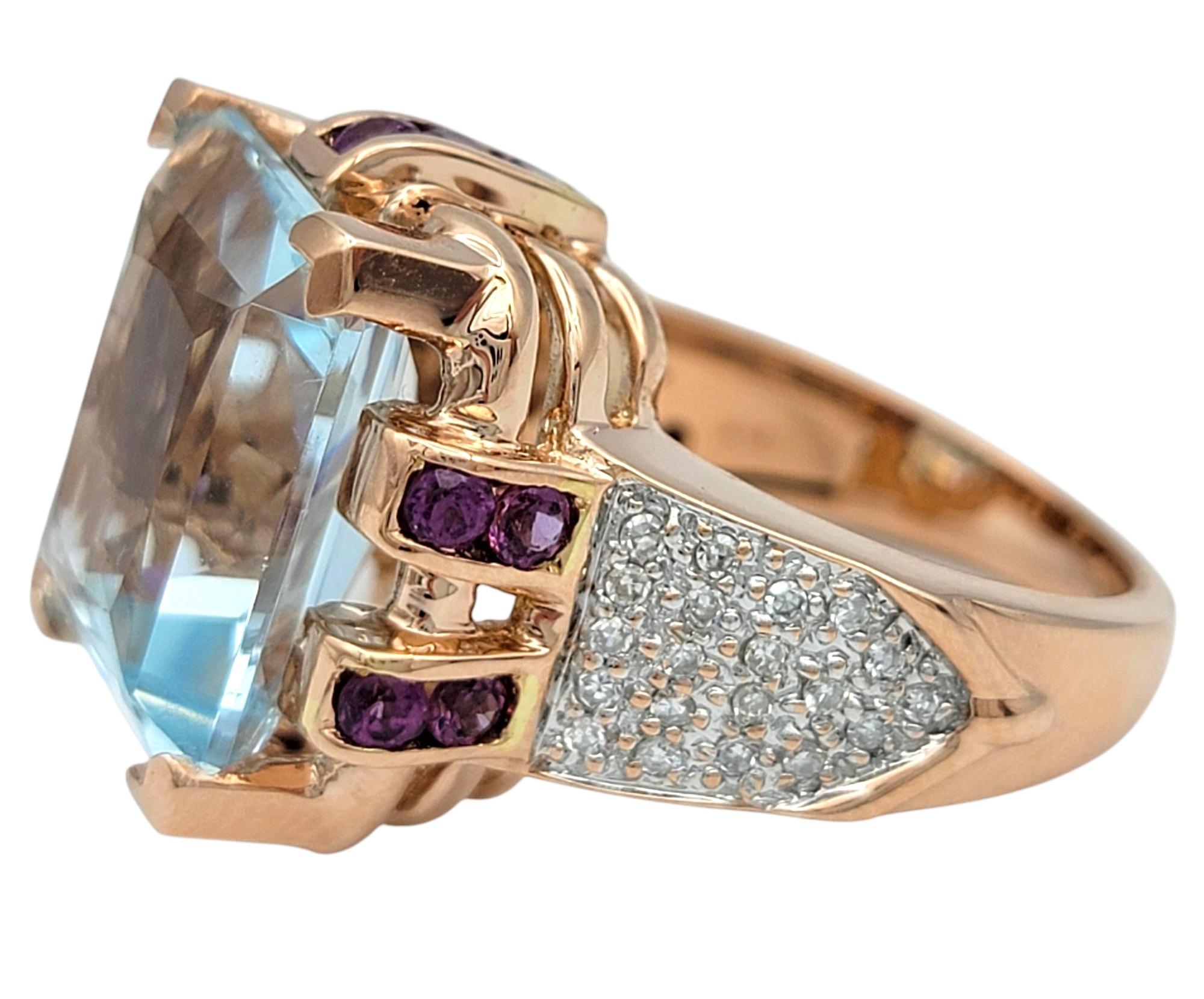 Women's Radiant Cut Aquamarine Ring with Pink Sapphires & Diamonds in 14 Karat Rose Gold For Sale