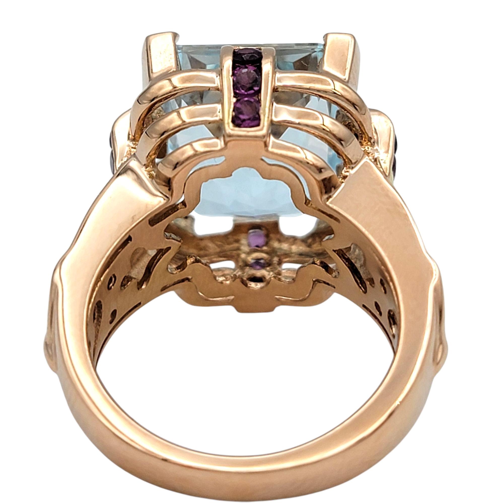 Radiant Cut Aquamarine Ring with Pink Sapphires & Diamonds in 14 Karat Rose Gold For Sale 1