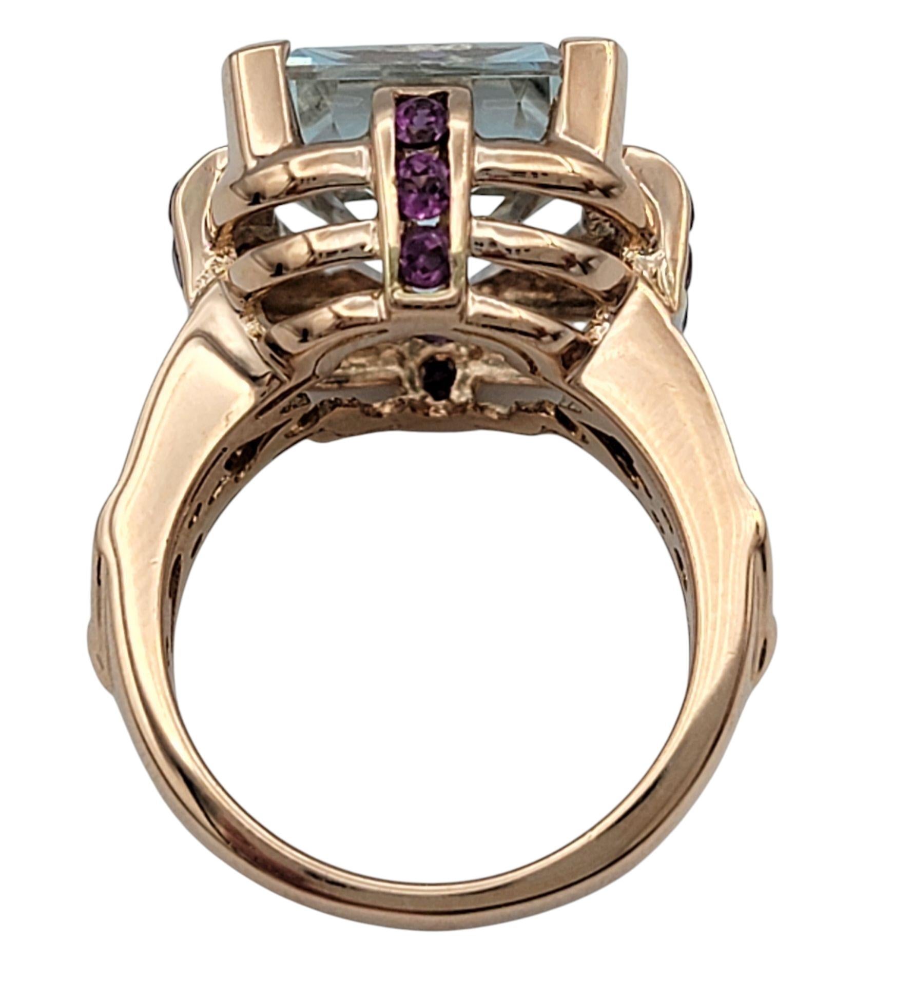 Radiant Cut Aquamarine Ring with Pink Sapphires & Diamonds in 14 Karat Rose Gold For Sale 2