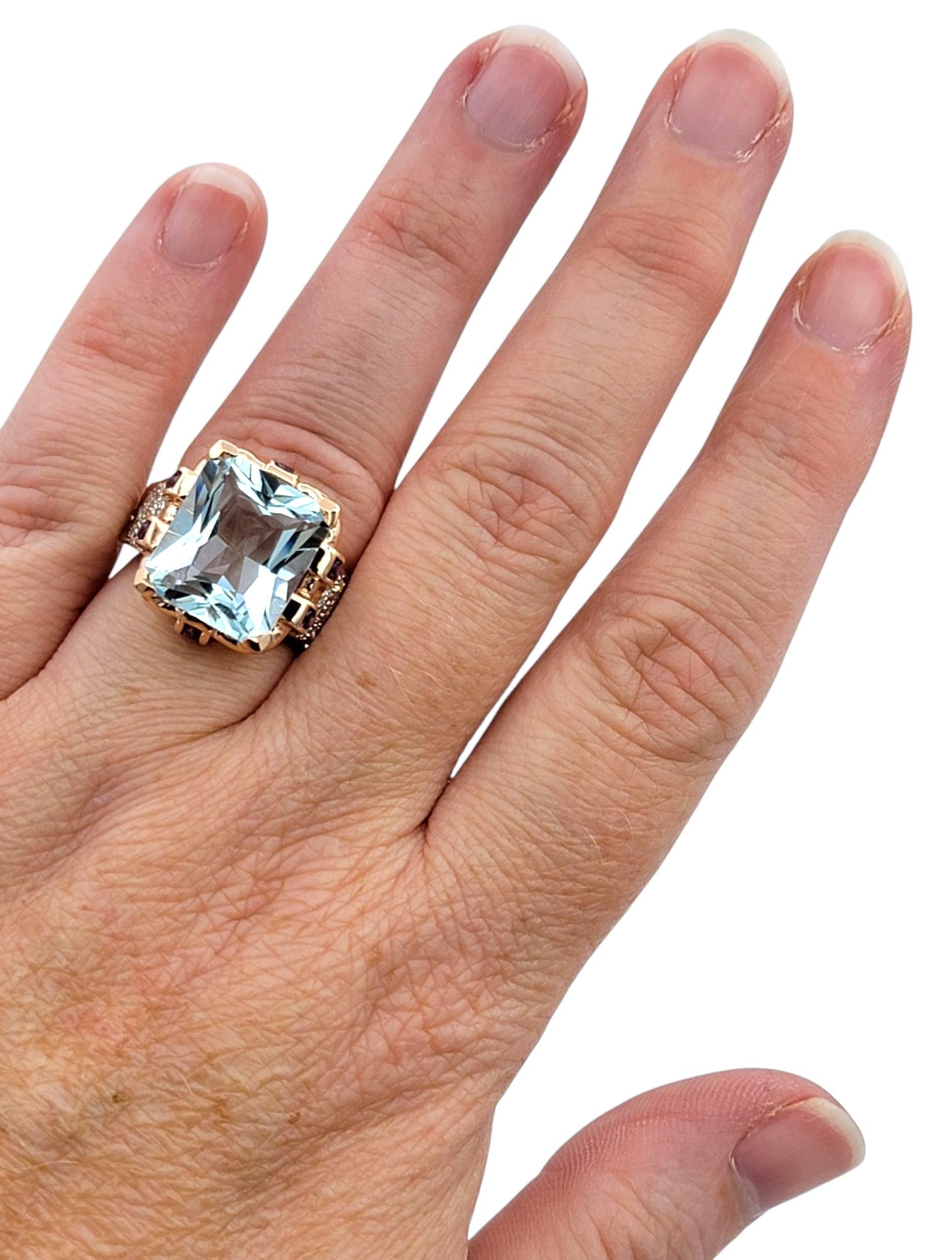Radiant Cut Aquamarine Ring with Pink Sapphires & Diamonds in 14 Karat Rose Gold For Sale 4