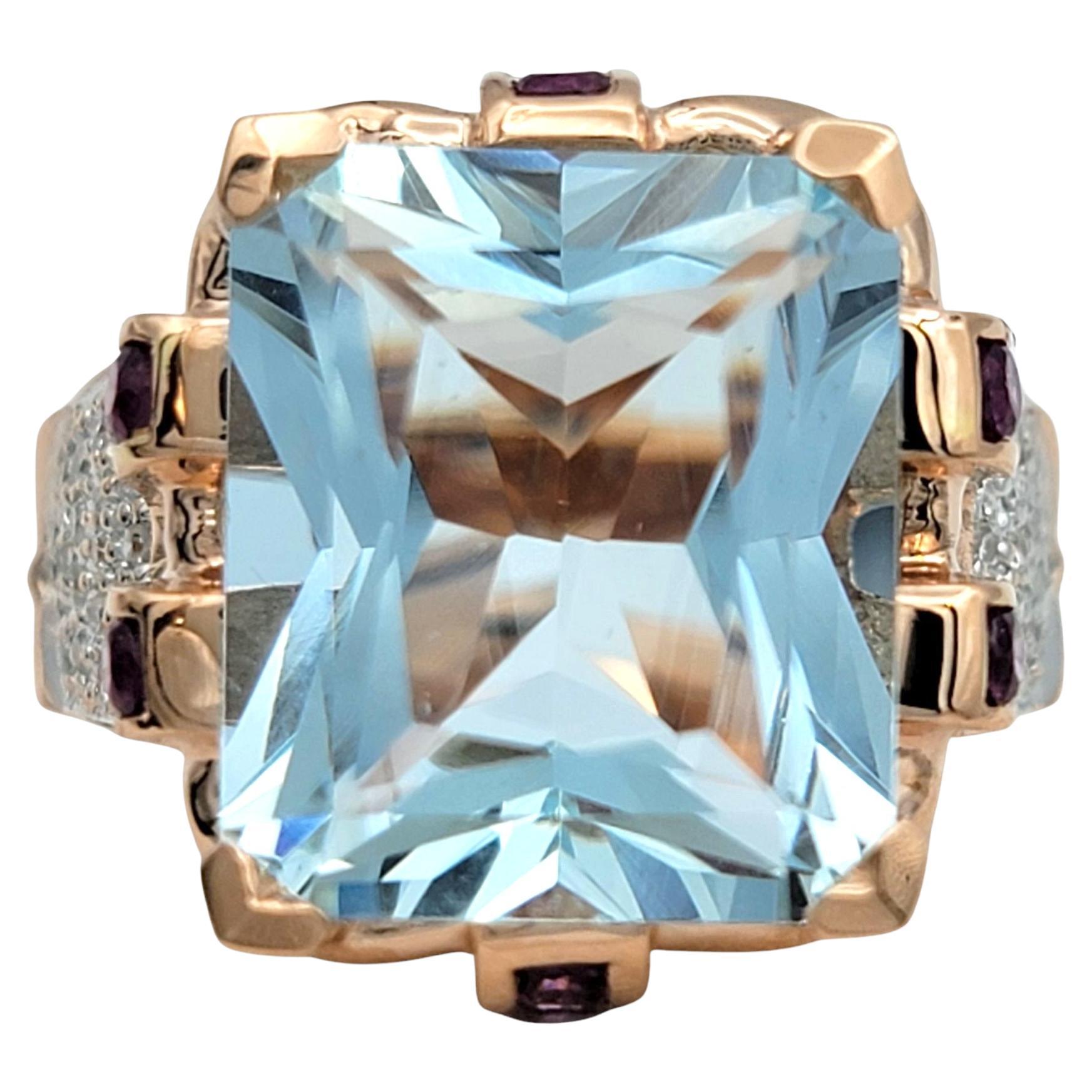 Radiant Cut Aquamarine Ring with Pink Sapphires & Diamonds in 14 Karat Rose Gold