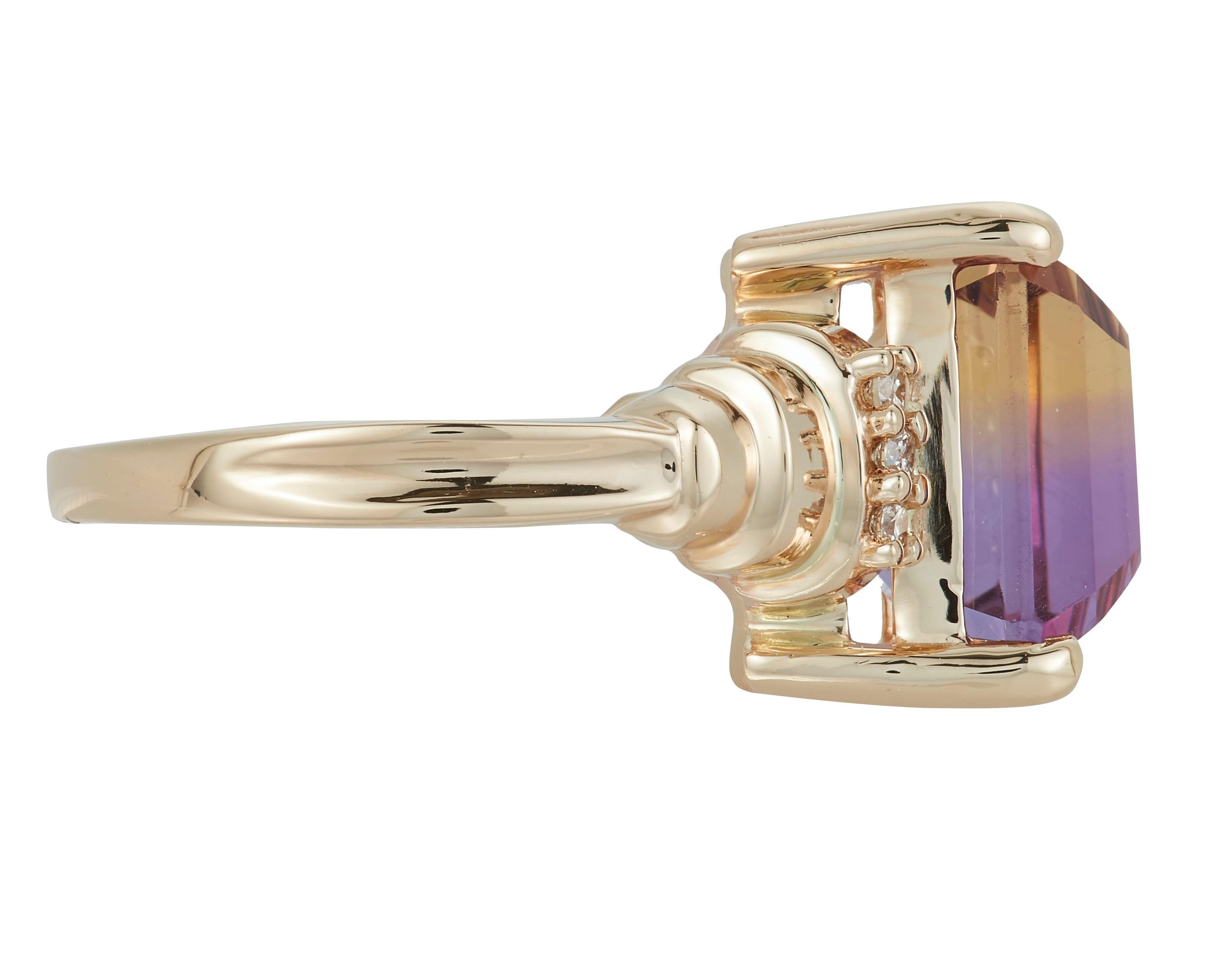 14K Yellow Gold
1 Radiant Cut Ametrine at 7.71 Carats- Measuring 11.5 x 11.2 mm
6 Round White Diamonds at 0.06 Carats - Color: H-I /Clarity: SI

Alberto offers complimentary sizing on all rings.

Fine one-of-a-kind craftsmanship meets incredible