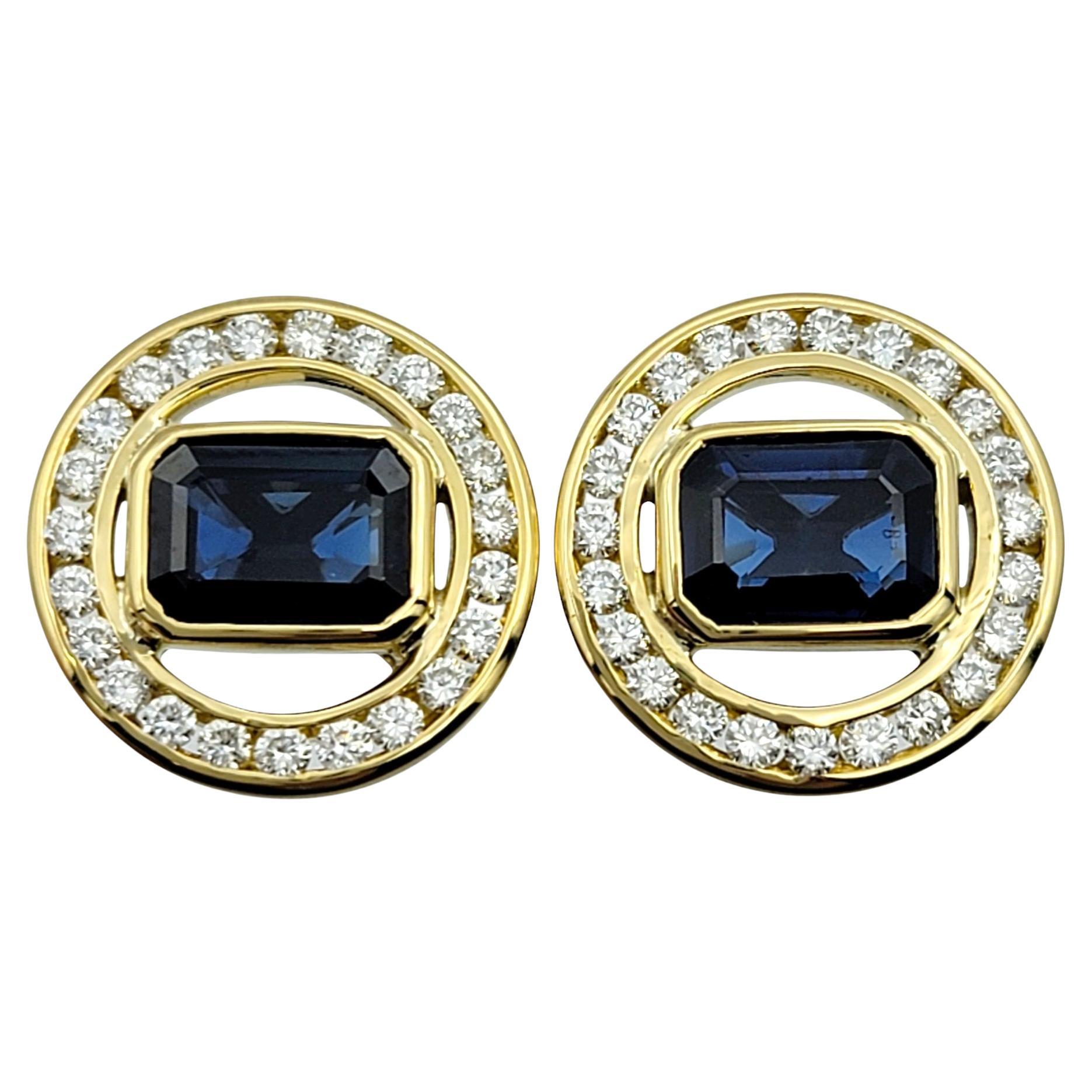 Radiant Cut Blue Sapphire and Diamond Halo Stud Earrings in 18 Karat Yellow Gold