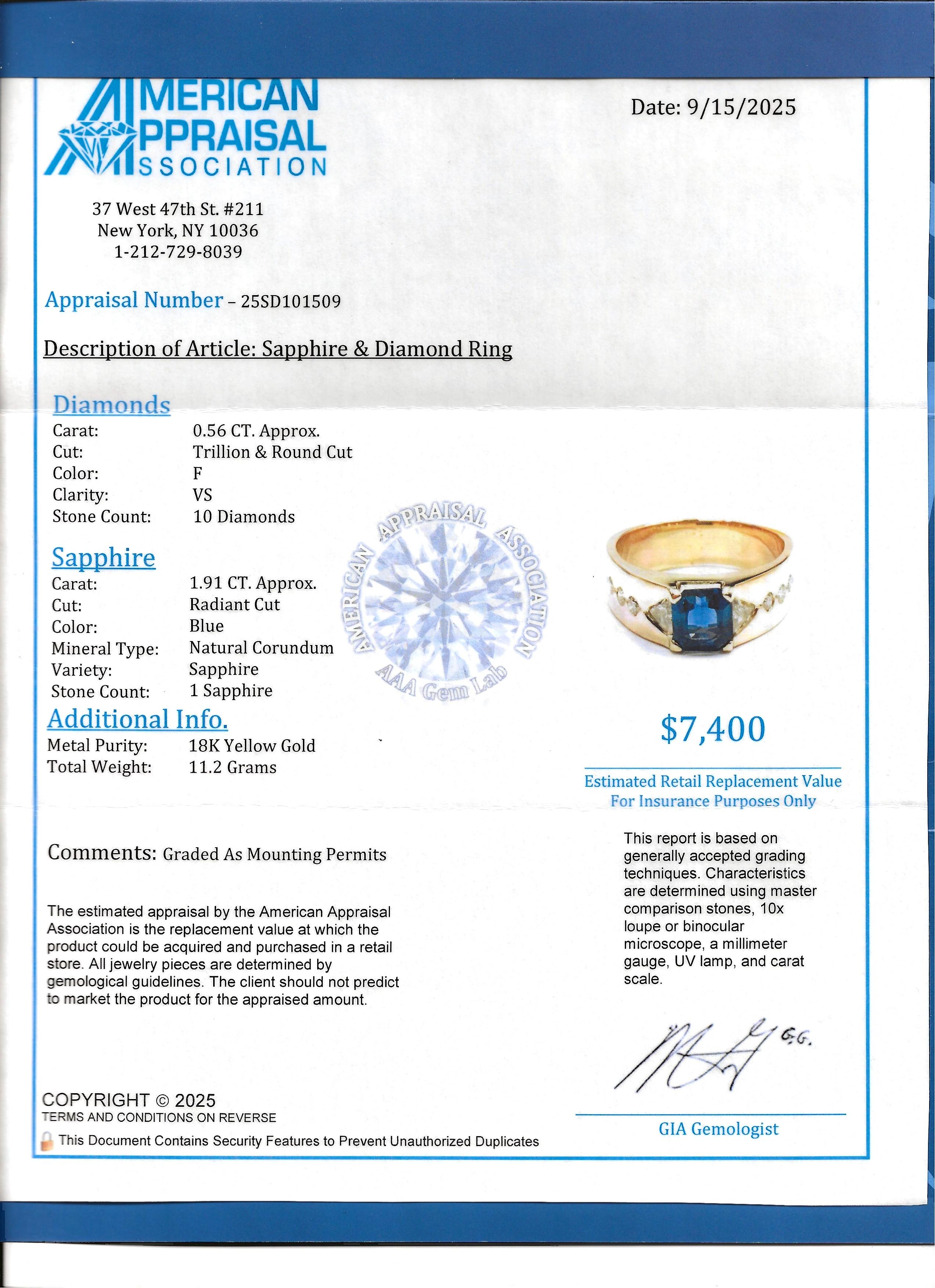 Anello a fascia con zaffiro blu taglio radiante e diamanti multipli in oro giallo 18 carati in vendita 6