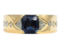 Radiant Cut Blue Sapphire and Multi Diamond Band Ring in 18 Karat Yellow Gold