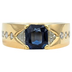 Radiant Cut Blue Sapphire and Multi Diamond Band Ring in 18 Karat Yellow Gold