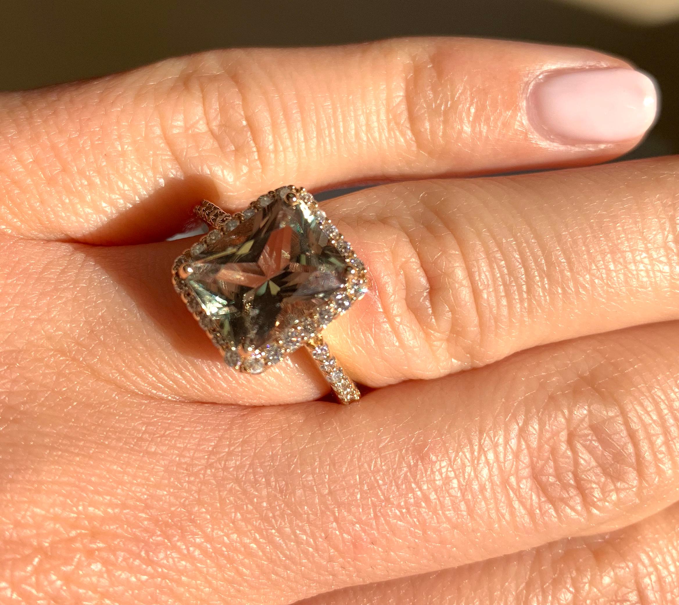 Radiant Cut Color Changing Diaspore Halo Engagement Ring In New Condition In GREAT NECK, NY