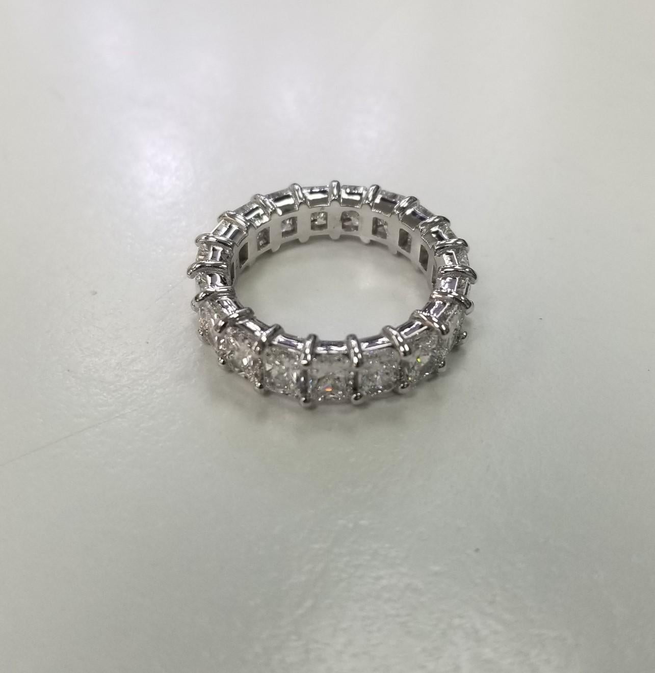 Specifications:
    main stone: RADIANT CUT DIAMOND
    DIAMONDS:19 PCS
    carat total weight: 6.03 CARAT TOTAL WEIGHT
    color: G
    clarity: VS1
    brand: NONE
    metal:14K WHITE GOLD
    type:ETERNITY ring
    weight: 5.8 GrS
    size:6.75
