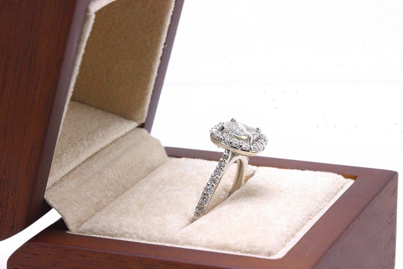 Radiant Cut Diamond Engagement Ring 1.70 Carat Halo Design in 14 Karat Gold For Sale 4
