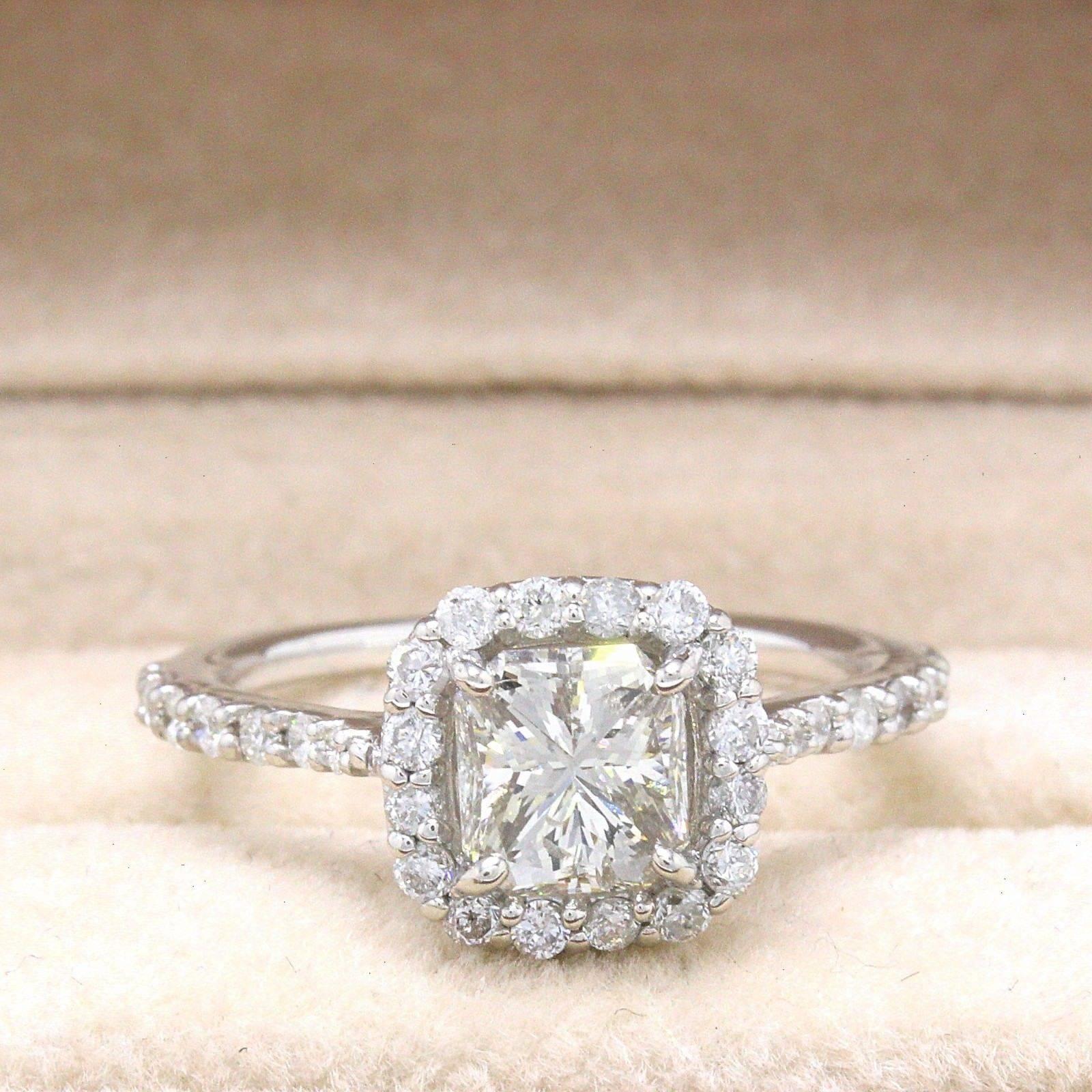 Radiant Cut Diamond Engagement Ring 1.70 Carat Halo Design in 14 Karat Gold For Sale 2