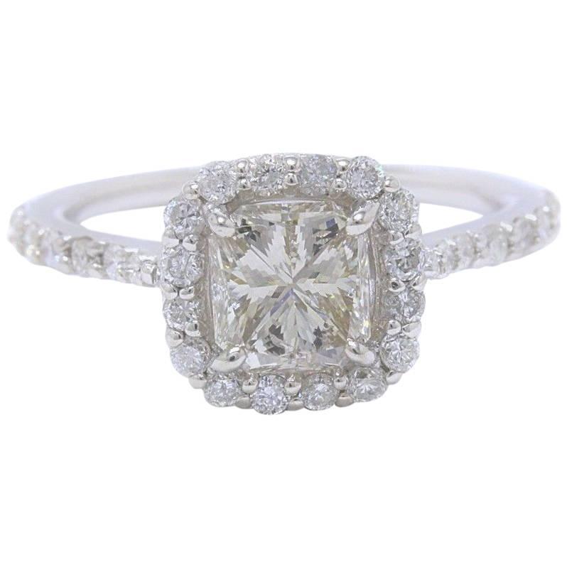 Radiant Cut Diamond Engagement Ring 1.70 Carat Halo Design in 14 Karat Gold For Sale