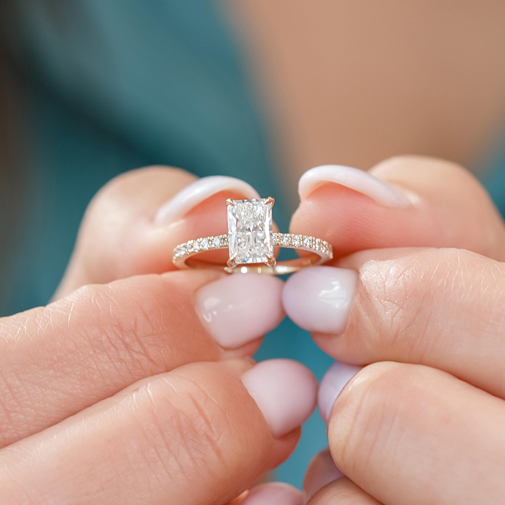 Radiant Cut Diamond Engagement Ring, 1.71 Carat, 14k Yellow Gold, Hidden Halo For Sale 5