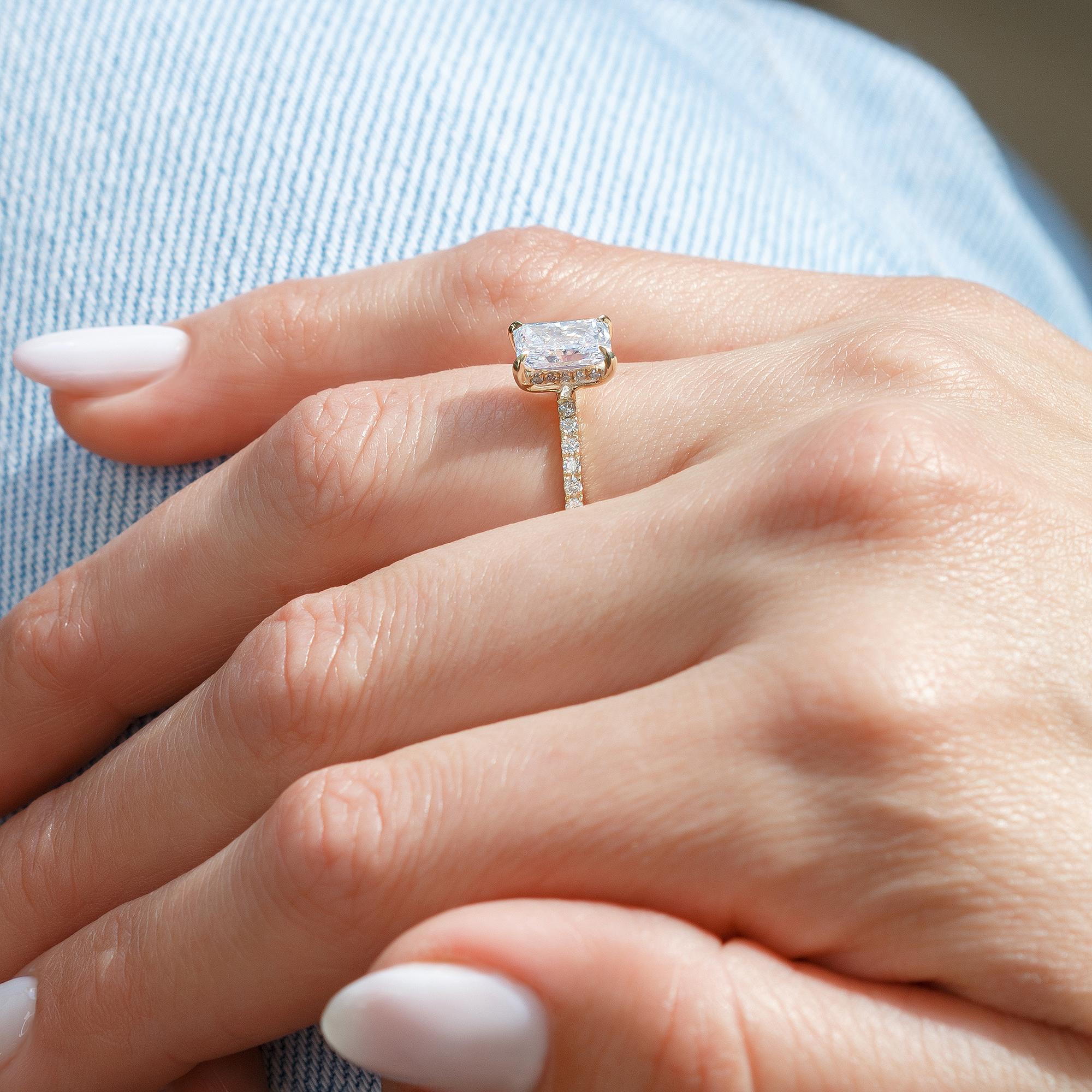 Radiant Cut Diamond Engagement Ring, 1.71 Carat, 14k Yellow Gold, Hidden Halo For Sale 6