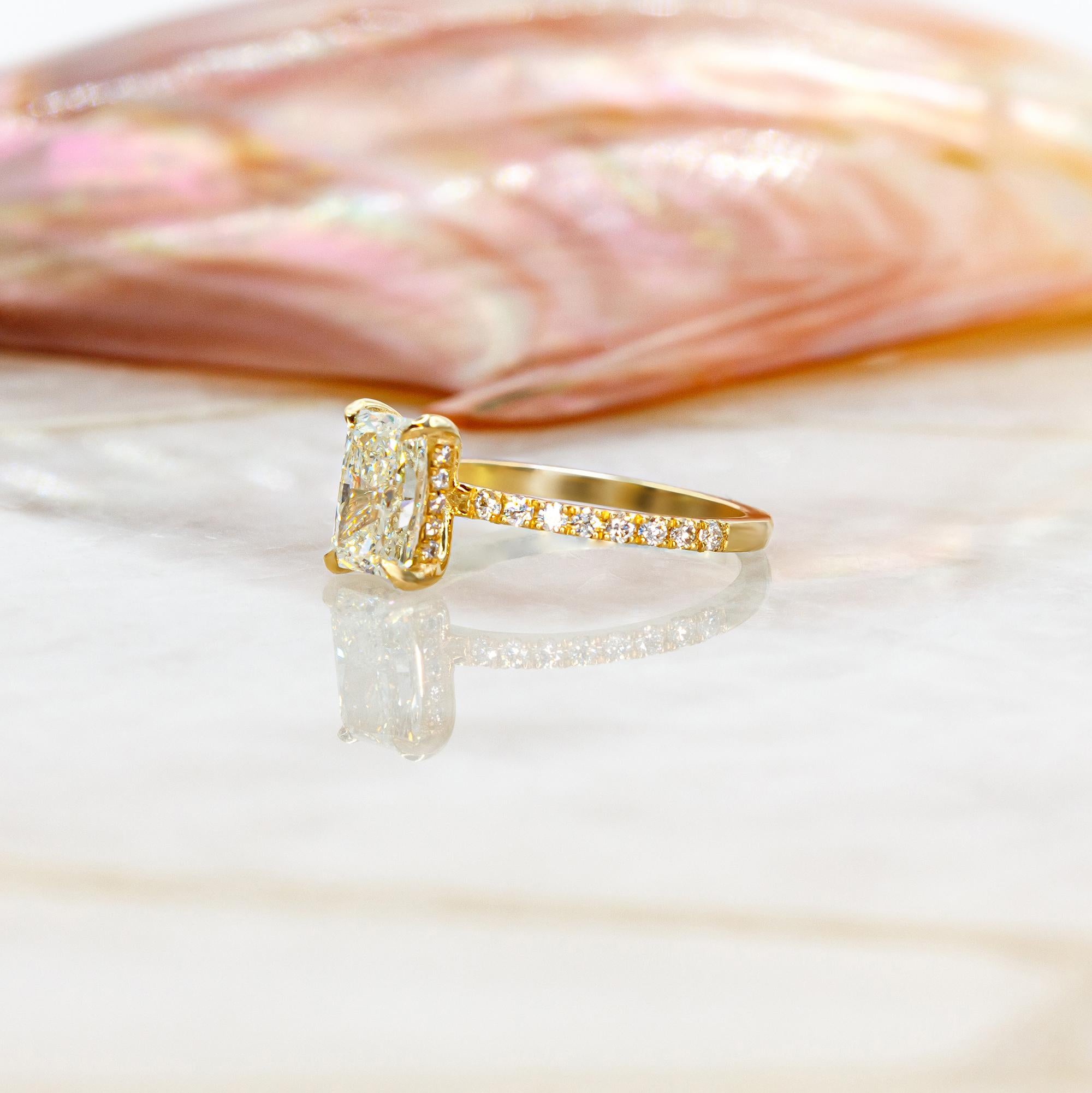 Women's Radiant Cut Diamond Engagement Ring, 1.71 Carat, 14k Yellow Gold, Hidden Halo For Sale