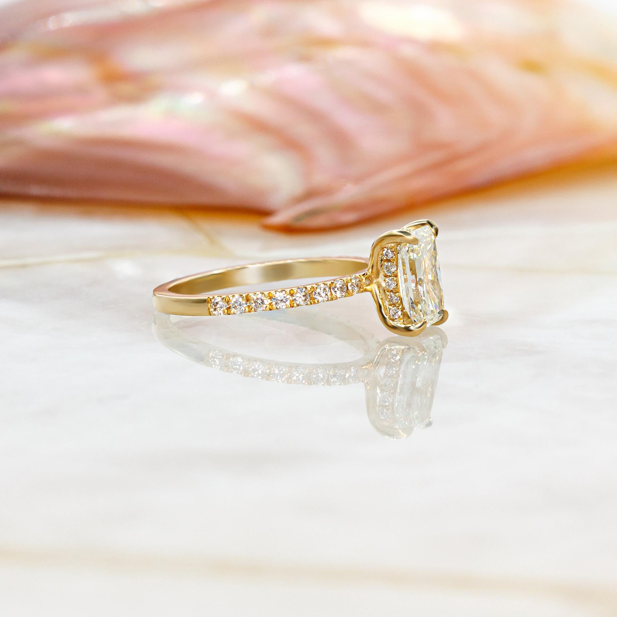 Radiant Cut Diamond Engagement Ring, 1.71 Carat, 14k Yellow Gold, Hidden Halo For Sale 3