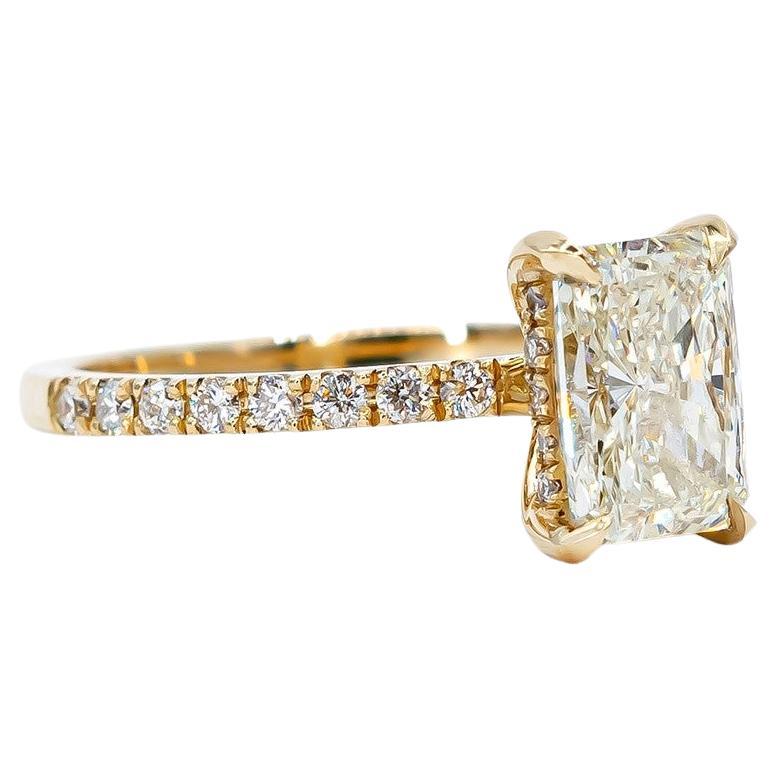 Radiant Cut Diamond Engagement Ring, 1.71 Carat, 14k Yellow Gold, Hidden Halo For Sale