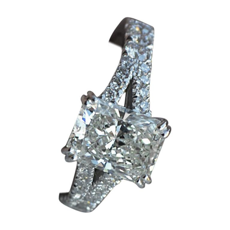 Radiant Cut Diamond Engagement Ring, Split Shank 1.5 Center, 2.1 Carat Total For Sale