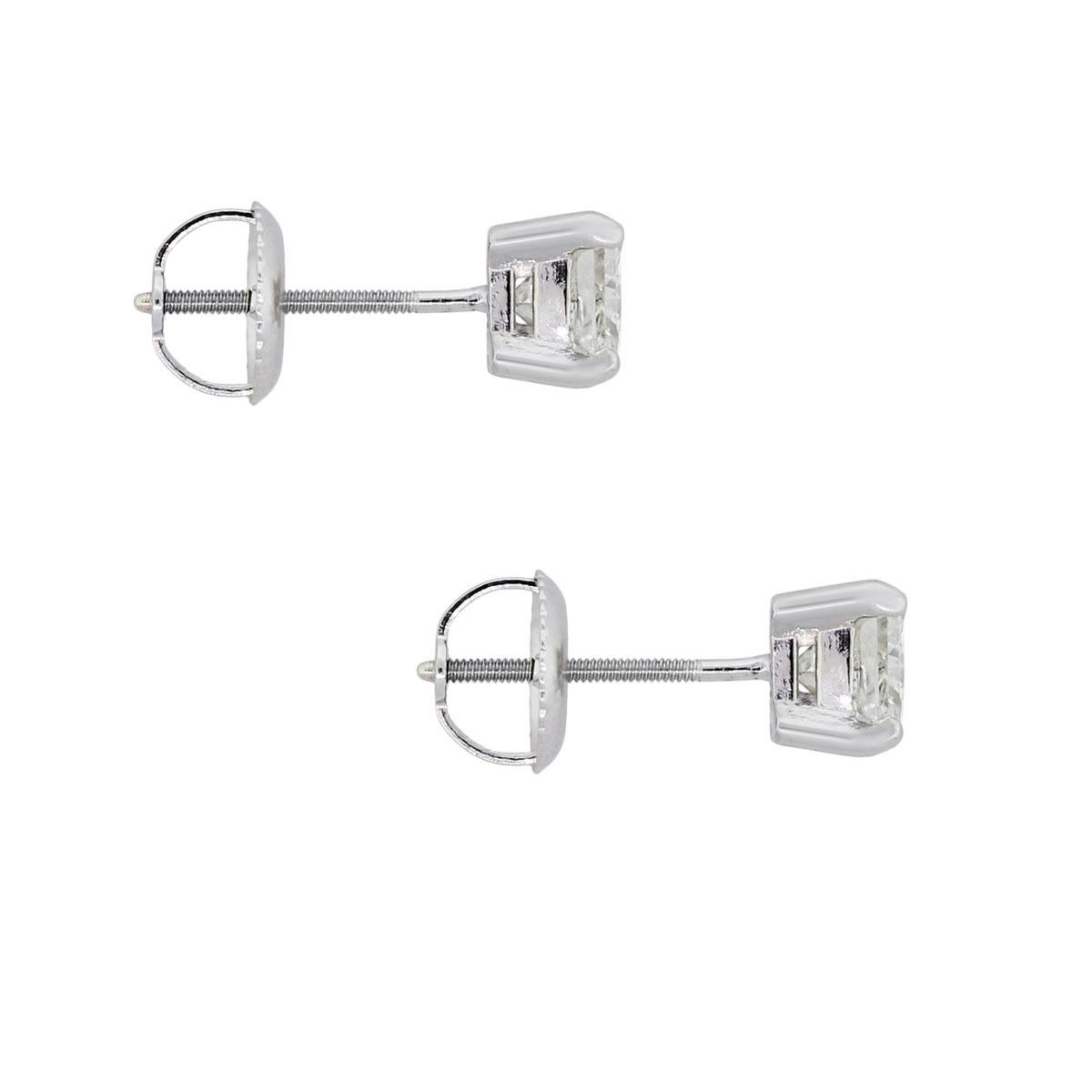 Material: 14k white gold
Diamond Details: Approximately 1.30ctw of clarity enhanced radiant cut diamonds. Diamonds are H in color and SI in clarity
Measurements: 0.22″ x 0.15″ x 0.22″
Earring Backs: Threaded back
Total Weight: 1.2g