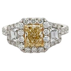 Radiant Cut Diamond Three Stone Halo Ring 2.17 CTTW Y-Z VVS1 18 Karat White Gold