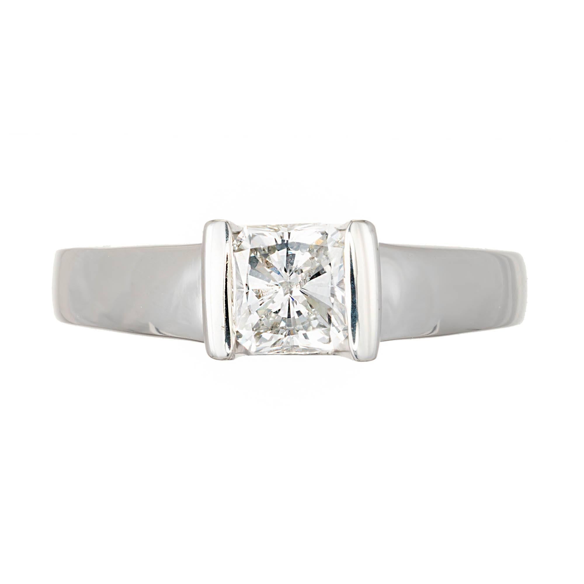 Bright beautiful sparkly and stylish white gold bar set solitaire engagement ring. EGL certified fine white F color diamond in the center.

1 radiant modified octagonal brilliant cut diamond, approx. total weight 1.00cts, F, SI3, EGL certificate