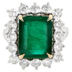 Emerald Ring With Round Diamond Halo 6.39 Carats 18K Gold