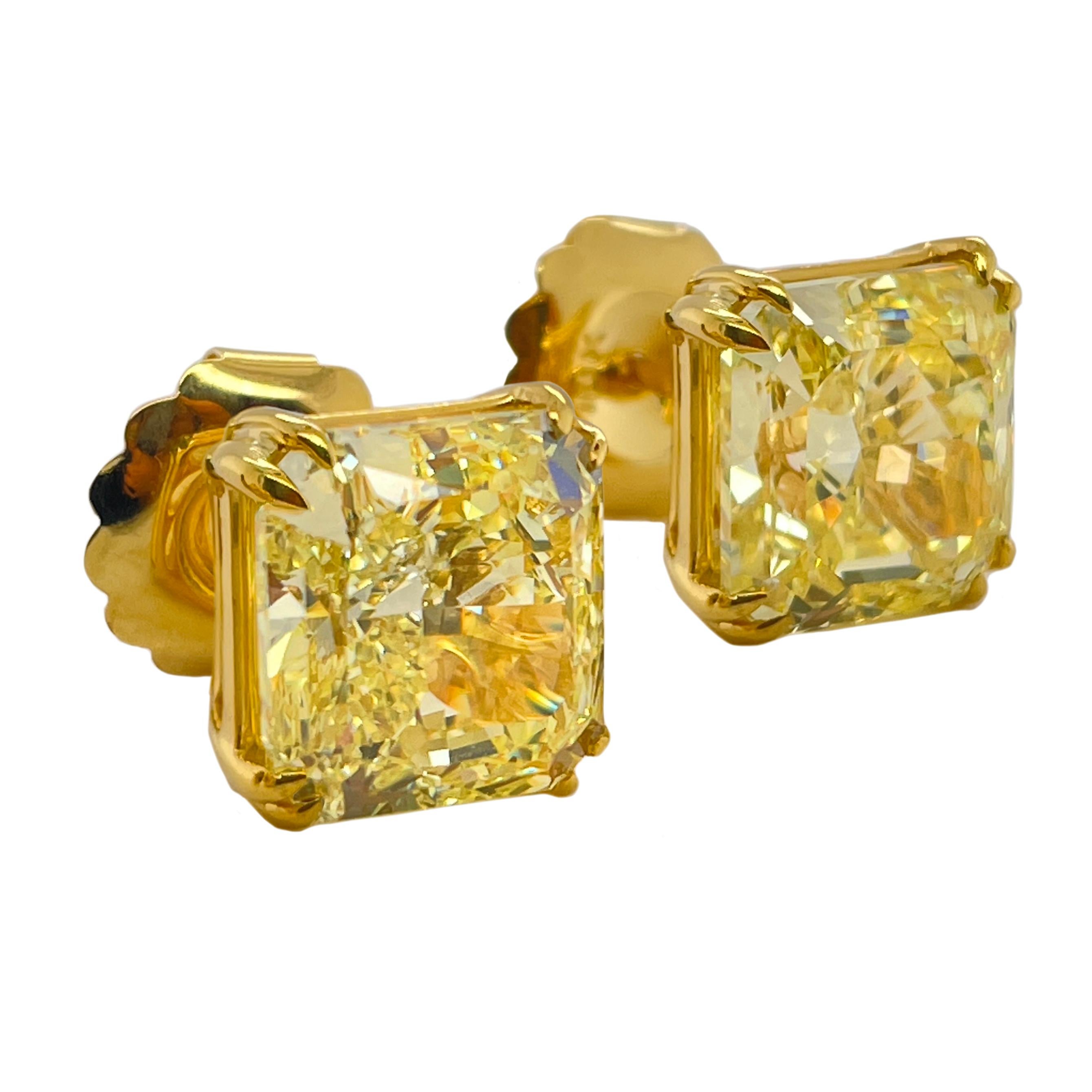 5.04 and 5.14 carat Radiant Cut Fancy Yellow Diamond Studs on 18 Carat Gold.
Total diamond weight 10.18 carats.
Accompanied by GIA reports:
5.04 Carat Radiant Cut : GIA 15068682 stating that the diamond is Natural Fancy Yellow Color, VVS1