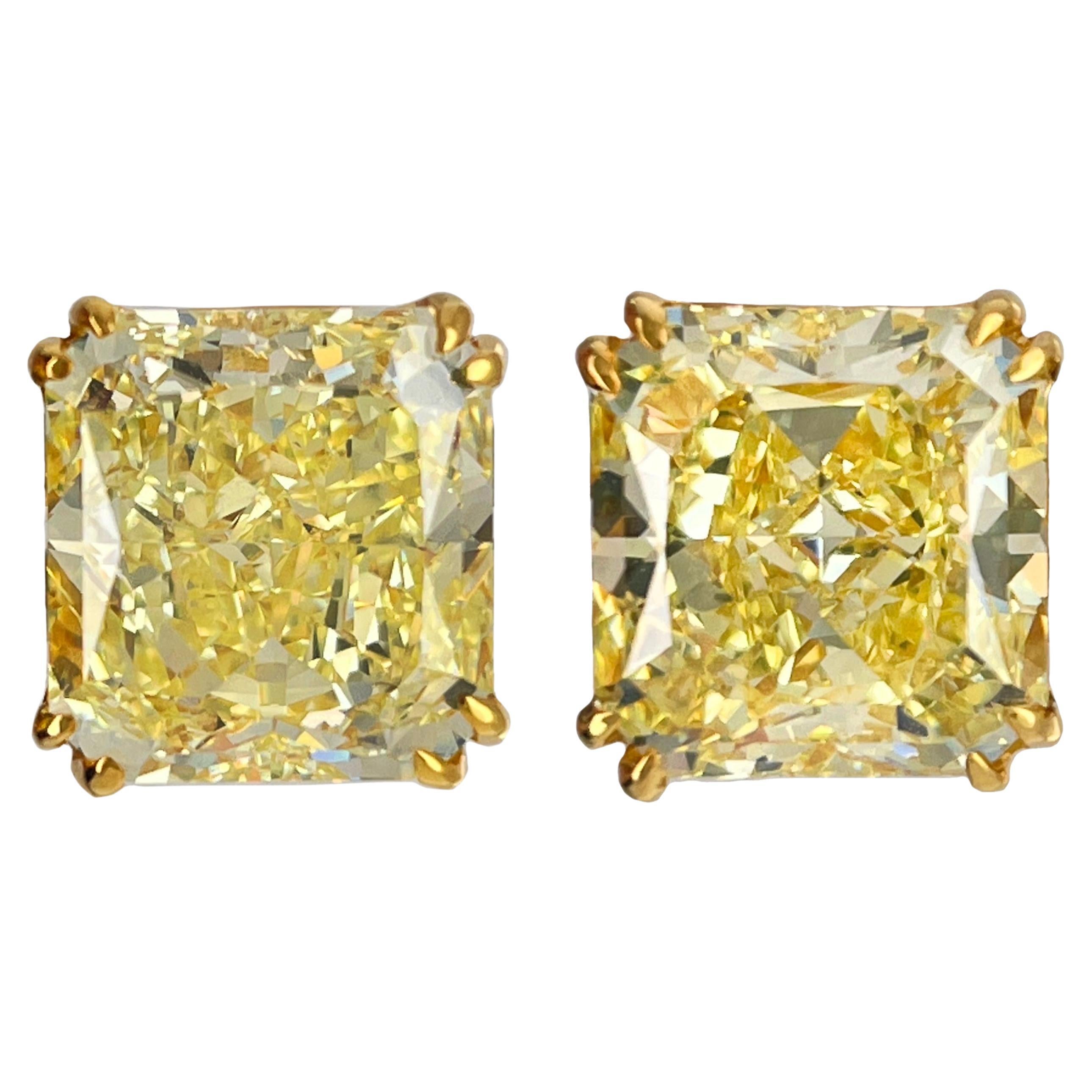 Radiant Cut Fancy Yellow Diamond Studs, 10.18 Carats T.W. GIA Certified For Sale
