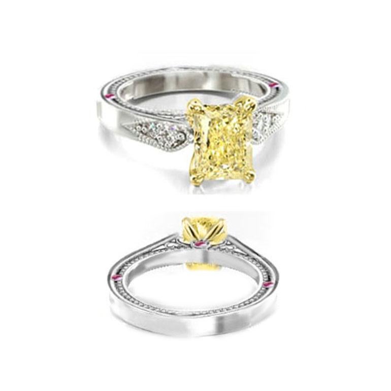 For Sale:  Radiant Cut Fancy Yellow Internally Flawless w/ Round Cut Diamond Custom Ring 3