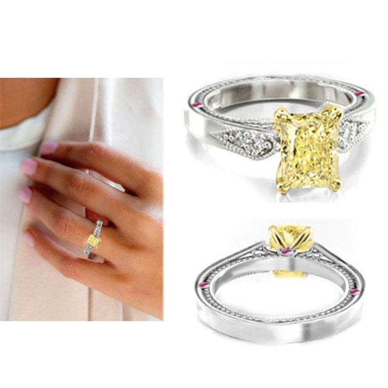 For Sale:  Radiant Cut Fancy Yellow Internally Flawless w/ Round Cut Diamond Custom Ring 4