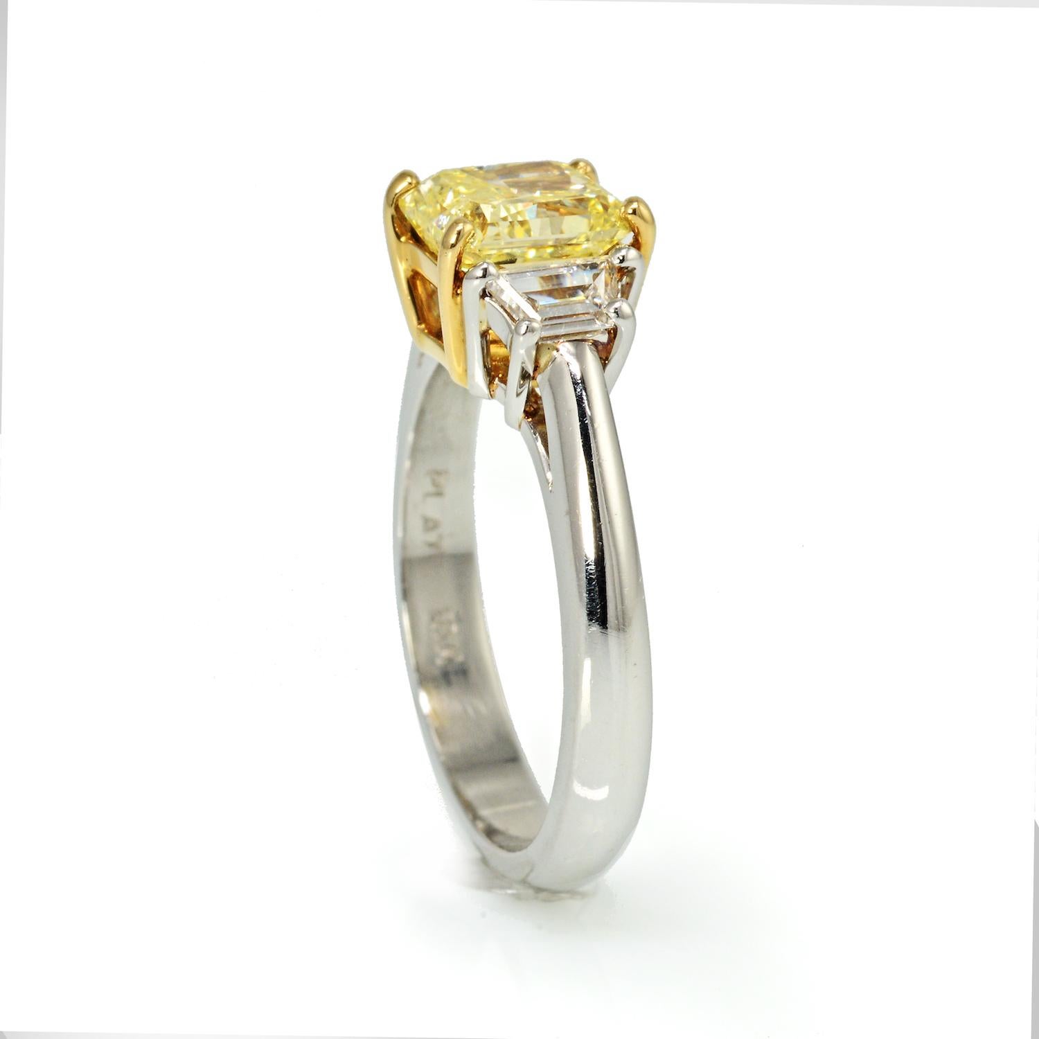 Modern Radiant Cut Fancy Yellow Three-Stone Diamond Engagement Ring