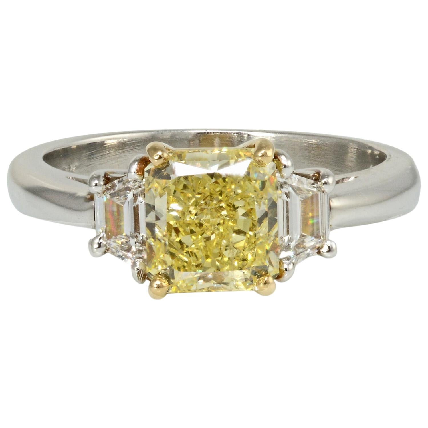Radiant Cut Fancy Yellow Three-Stone Diamond Engagement Ring