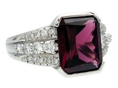 Radiant Cut Garnet and Multi Row Diamond Cocktail Ring in Polished Platinum