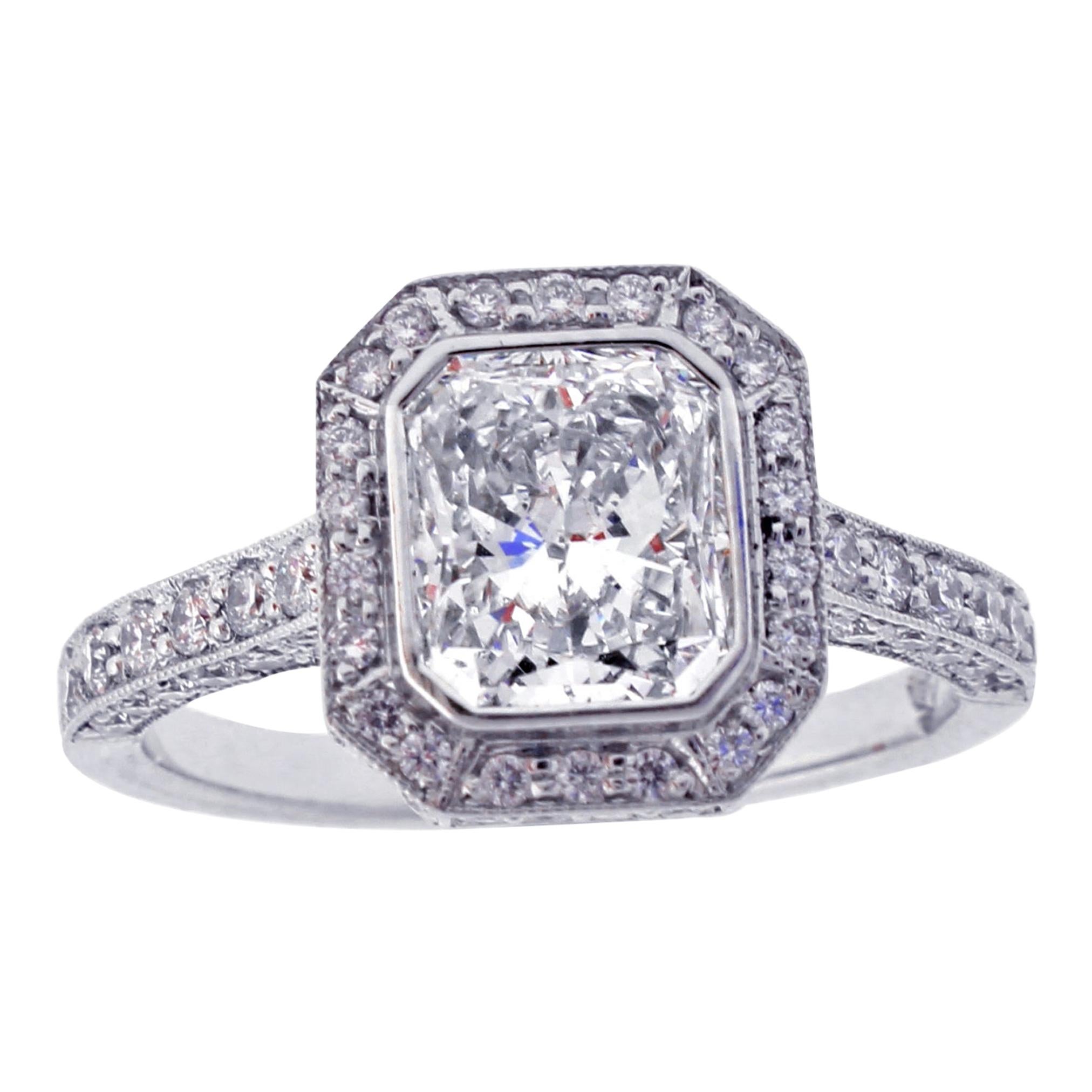 Radiant Cut Halo Diamond Engagement Ring For Sale