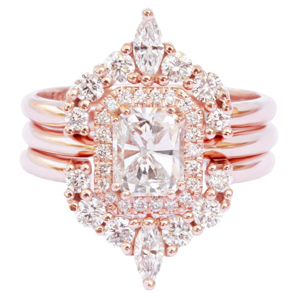 Oval Diamond Halo Unique Wedding Three Ring set - Glory For Sale at 1stDibs