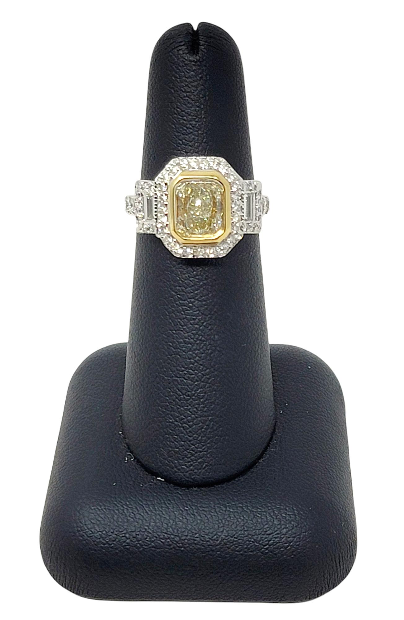 Radiant Cut Light Yellow Diamond and Baguette White Diamond Halo Engagement Ring For Sale 2